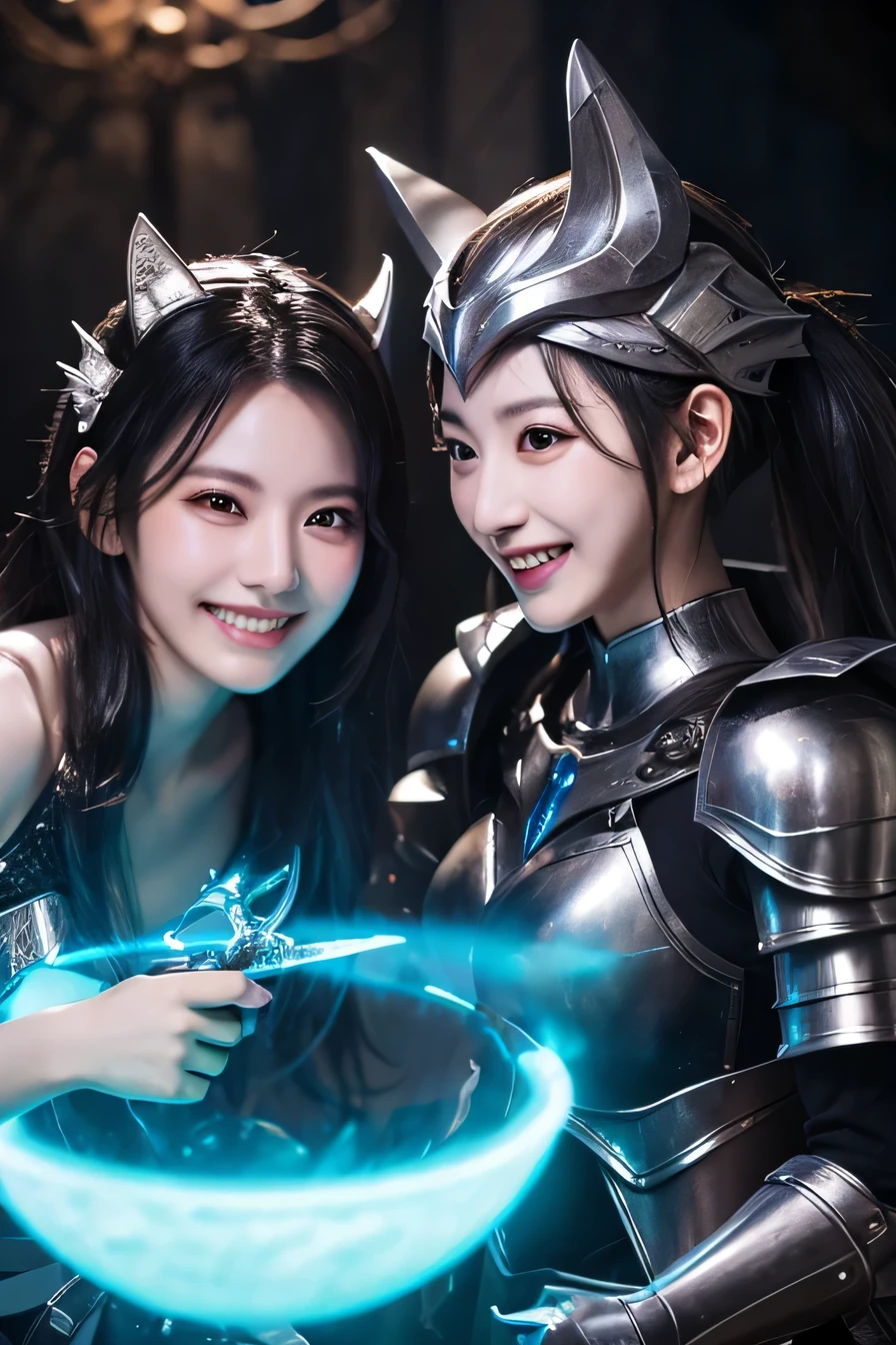 Color light resolution, 4k, masterpiece: 1.3), two beautiful women chatting、luxurious silver armor、Dragon Helm、 women pictures, sexy, fine eyes, slender body shape, realistic teeth, double eyelid, full body, highest quality, get used to it, equipped with armor, in a fantasy world, The background is a castle、black hair、ear piercing、smile、beautiful teeth、open your mouth、full body photo、、Has a weapon