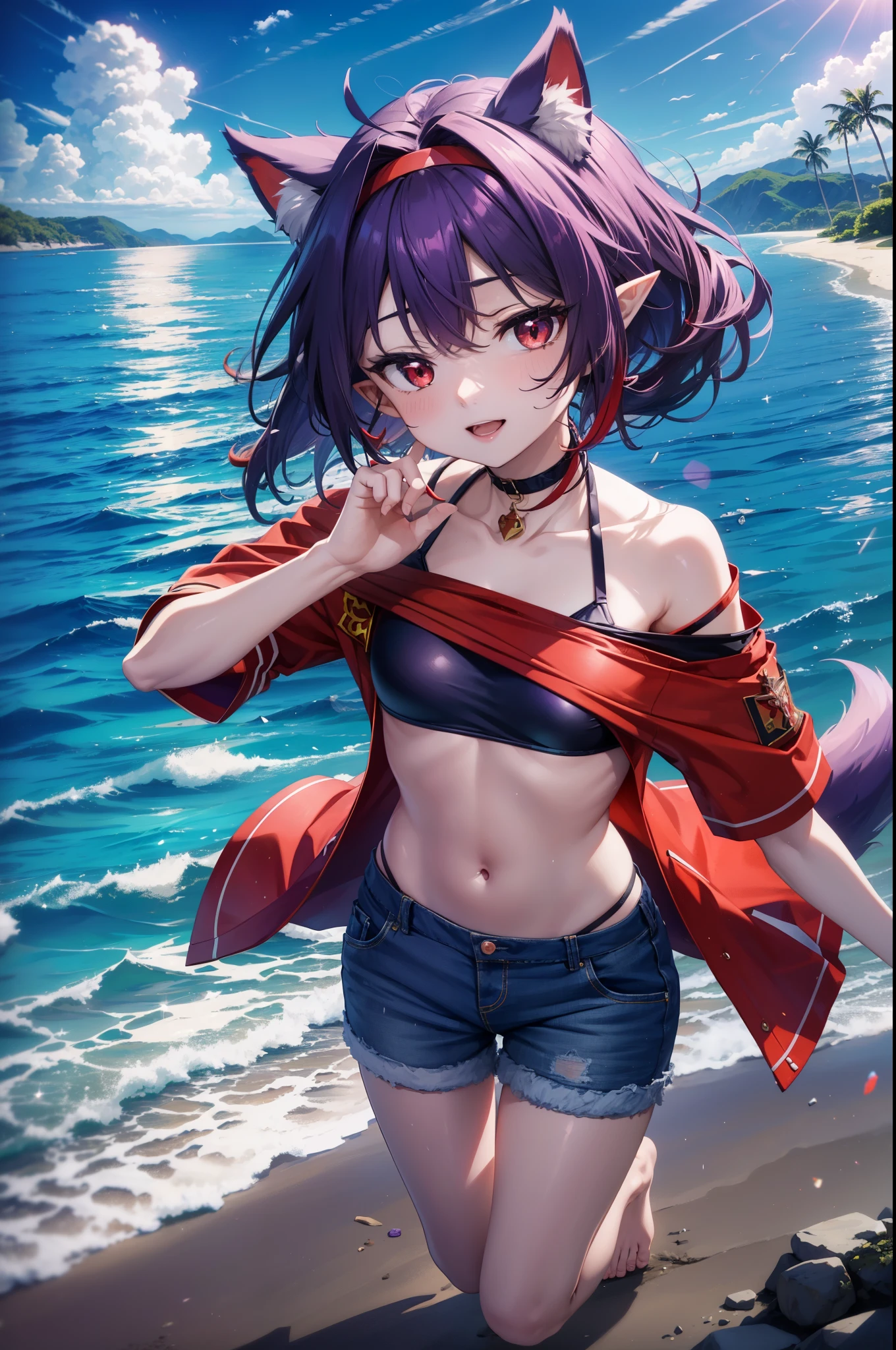 yuukikonno, Yuki Konno, hair band, long hair, pointy ears, purple hair, (red eyes:1.5),happy smile, smile, open your mouth, Are standing,
From above, (small breasts:1.2), ,dog ears,animal ears dog tail,Red Bikini Swimsuit,purple short sleeve hoodie Front open,,short denim pants,barefoot,barefoot,beach, sandy beach,Palm tree,Midsummer,Light of the sun,noon,
break looking at viewer, Upper body, full body,
break outdoors, beach,
break (masterpiece:1.2), highest quality, High resolution, unity 8k wallpaper, (shape:0.8), (beautiful deしっぽed eyes:1.6), extremely deしっぽed face, perfect lighting, extremely deしっぽed CG, (perfect hands, perfect anatomy),
