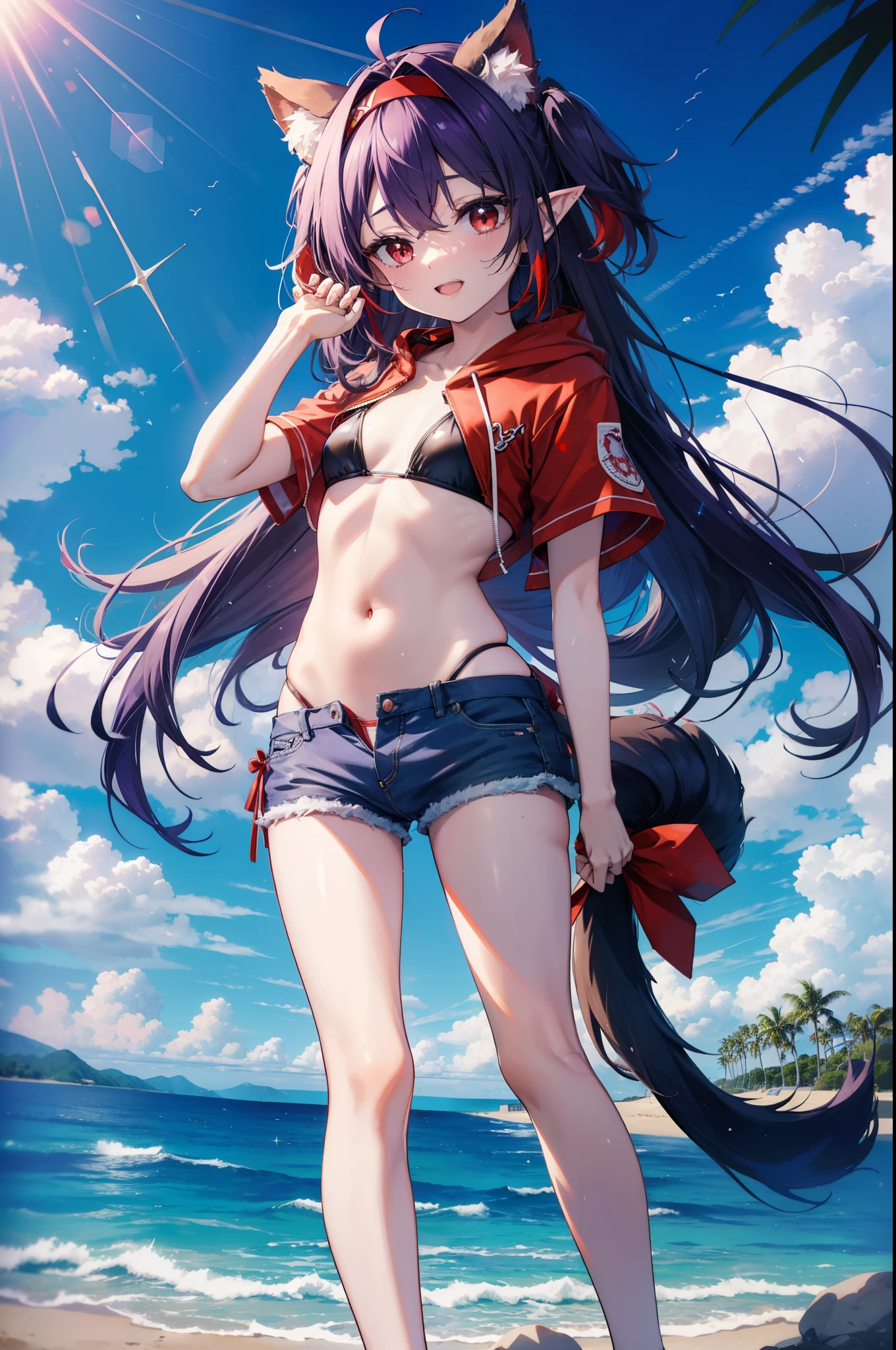 yuukikonno, Yuki Konno, hair band, long hair, pointy ears, purple hair, (red eyes:1.5),happy smile, smile, open your mouth, Are standing,
From above, (small breasts:1.2), ,dog ears,animal ears　dog tail,Red Bikini Swimsuit,purple short sleeve hoodie　Front open,,short denim pants,barefoot,barefoot,beach, sandy beach,Palm tree,Midsummer,Light of the sun,noon,
break looking at viewer, Upper body, full body,
break outdoors, beach,
break (masterpiece:1.2), highest quality, High resolution, unity 8k wallpaper, (shape:0.8), (beautiful deしっぽed eyes:1.6), extremely deしっぽed face, perfect lighting, extremely deしっぽed CG, (perfect hands, perfect anatomy),