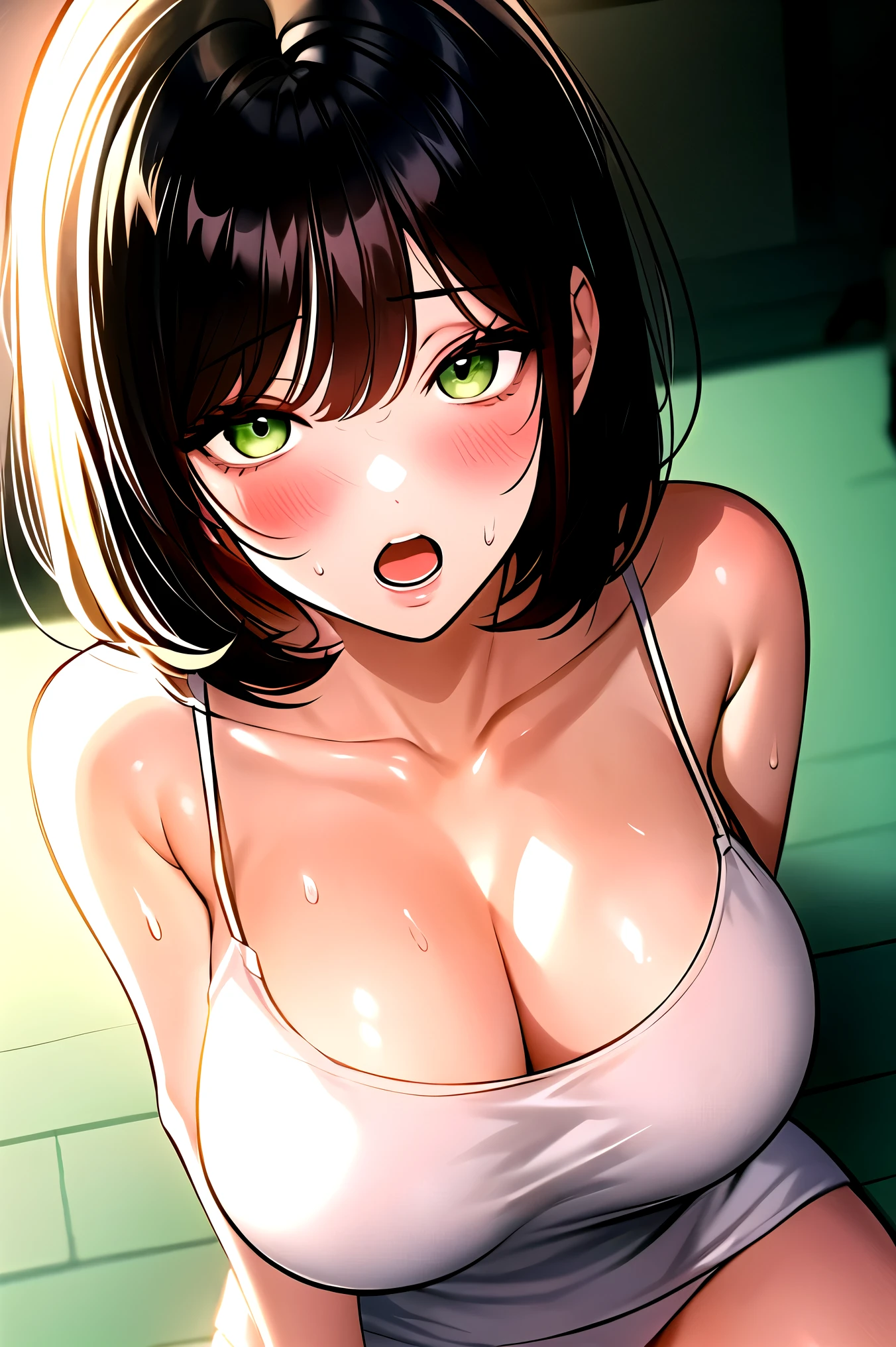 masterpiece, best quality, manhwa-artstyle, 1girl, solo, breasts, blush, short hair, black hair, looking at viewer, cleavage, open mouth, sitting, sweat, solo, green eyes, large breasts, collarbone, camisole, from above, bangs, arm support, bare shoulders, surprised, white shirt,