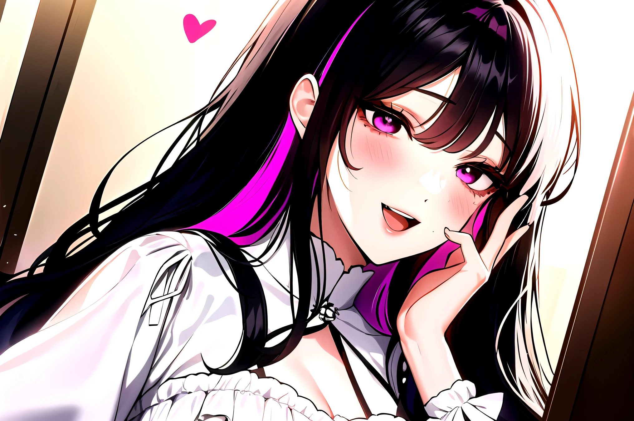 masterpiece, best quality, manhwa-artstyle, 1girl, solo, long hair, breasts, looking at viewer, blush, smile, open mouth, bangs, brown hair, black hair, hair ornament, long sleeves, dress, holding, purple eyes, pink hair, heart, multicolored hair, virtual youtuber, white dress, two-tone hair, shaded face, hand on own face, empty eyes, colored inner hair, door, hand on own cheek, yandere, mind control, 