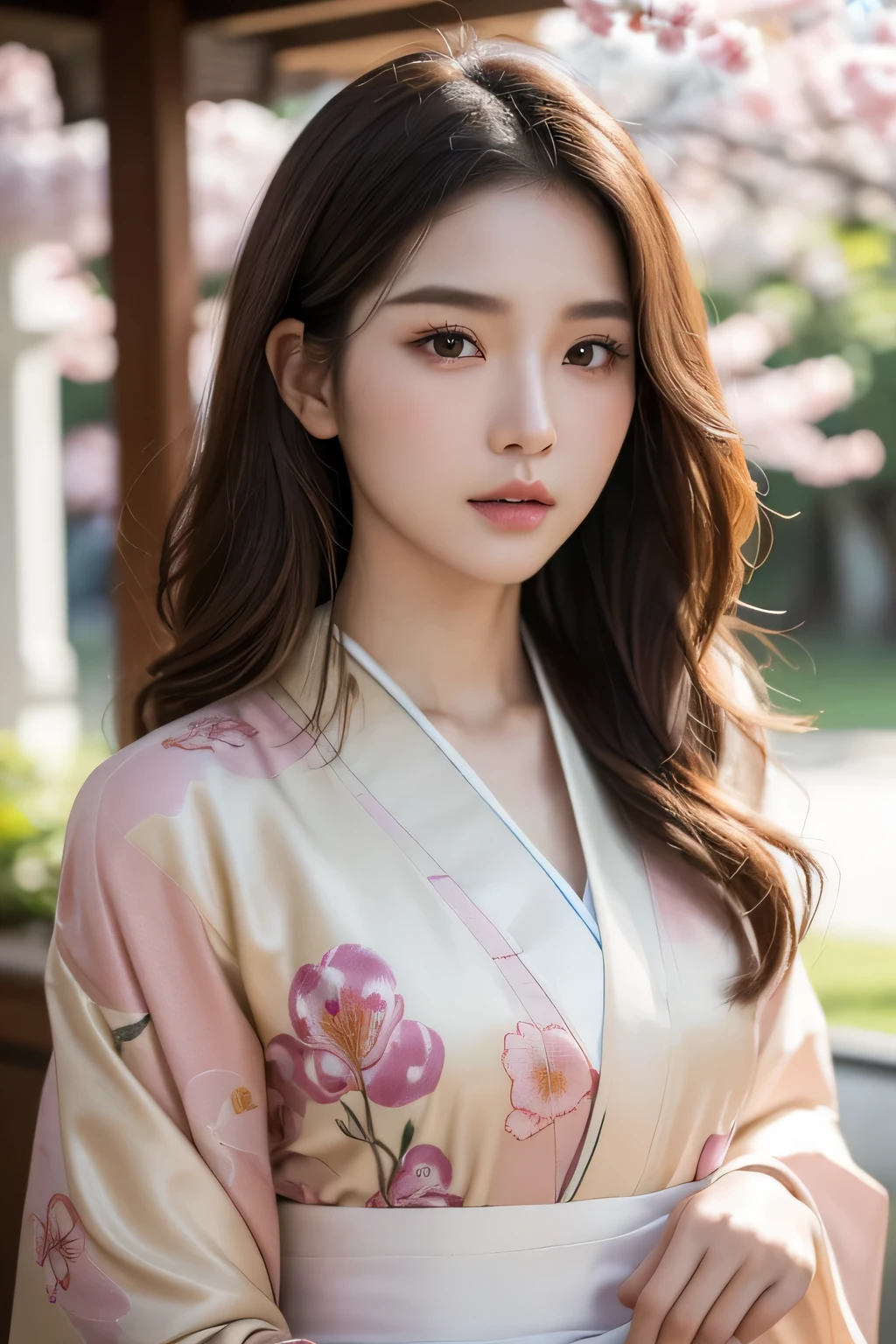 best realistic quality:1.1),(photography:1.1),(high resolution), (Extremely detailed and realistic faces),half-body,(Realistic human skin),(one guys),(1beautiful female Thai-half-Korean, 25-years-old white skin,sharp bob light brown wavy hair, wear short random color kimono suite,)janpanese sakura festival.