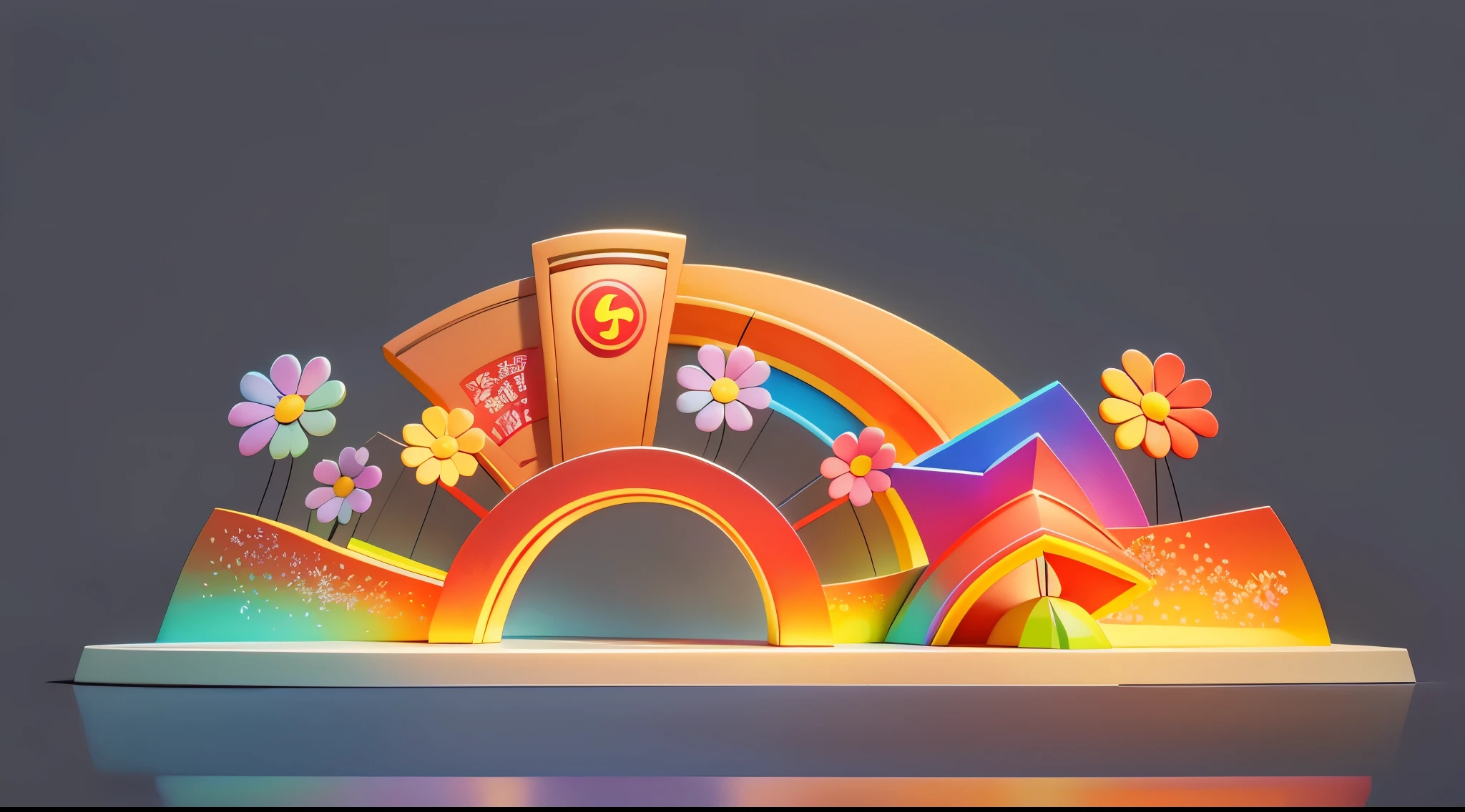 Rainbow color theme,(3D display design, China, National emblem and other elements, flowers on colorful arch structure, China, Simple, Colorful background, 红色Star, Xiangyun, Star, arch display, illustration), (best quality, high detail, masterpiece, movie lighting, 4K, chiaroscuro)high brightness。