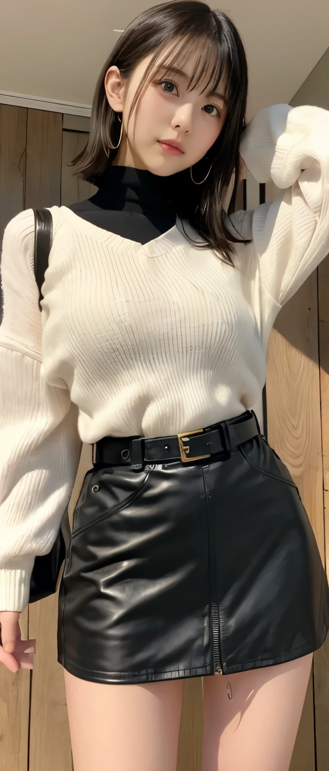 cool high school girl、、Leather tight mini skirt 30cm above the knee、、、good style、standing cool and upright、whole body、、neat face、gold buckle belt