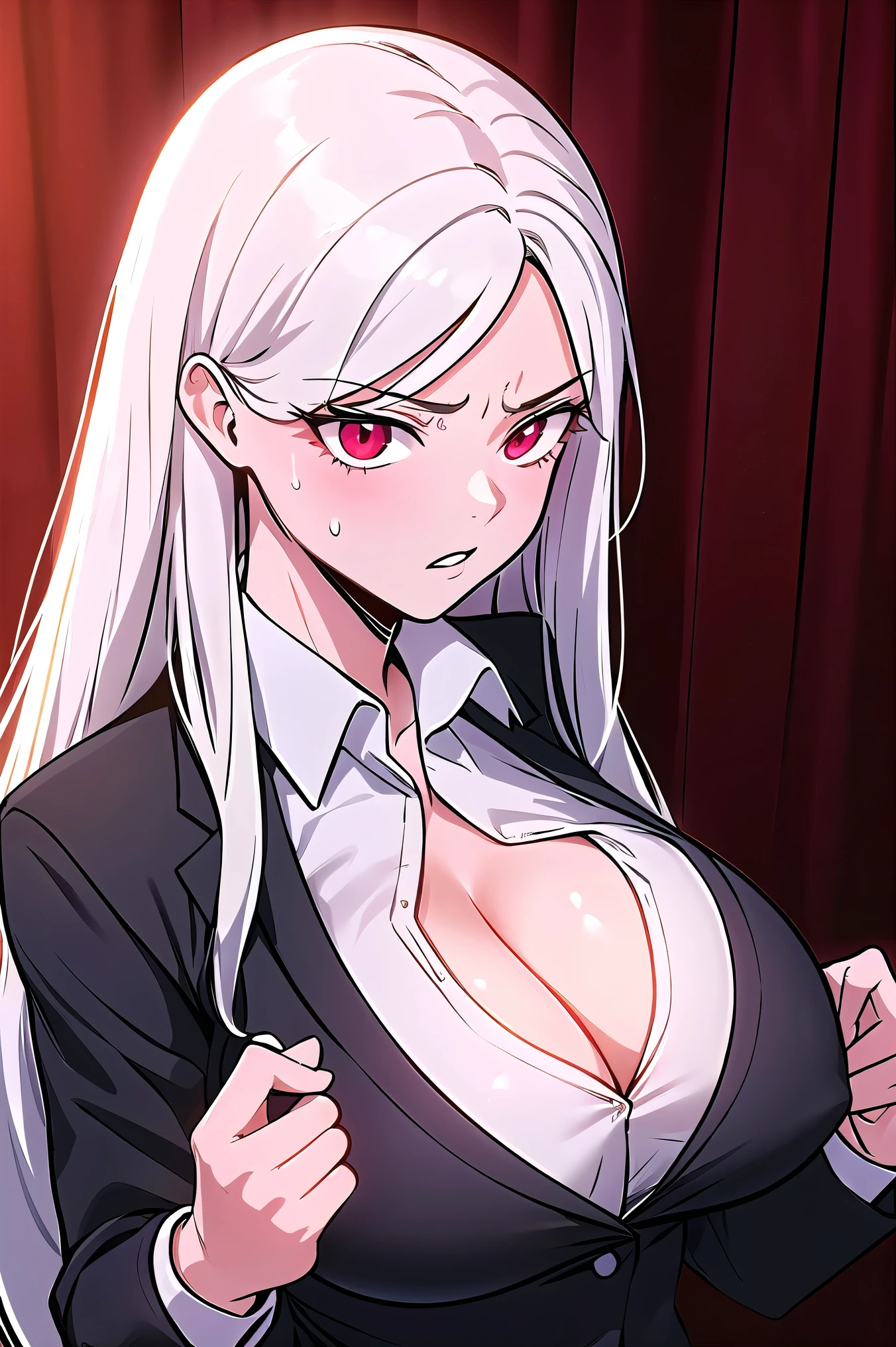 masterpiece, best quality, manhwa-artstyle, 1girl, solo, breasts, cleavage, long hair, white hair, looking at viewer, sweat, red eyes, large breasts, business suit, collared shirt,