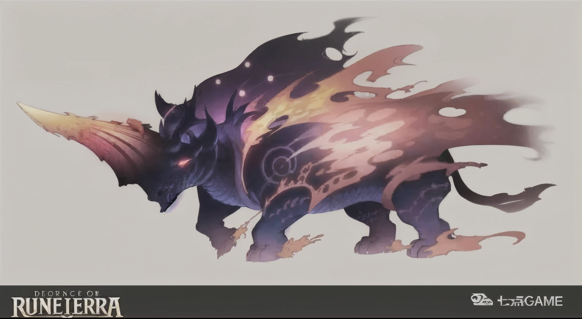 Close up of rhinoceros with fire and flames on its back, Dota 2 concept art, artifact dota2, mysterious concept art, Riot Games Concept Art, fantasy creature concept art, Depicted as game concept art, fantasy concept art, 8k high definition wallpaper jpeg artifact, 8k high definition wallpaper jpeg artifact, Balrog concept art
