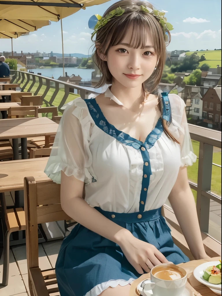 4k、High resolution、Stylish green lace dress、The small frills at the hem of the dress are so cute、The length of the cream colored miniskirt is 20cm above the knee.、Navel exposed look、Navel exposed is cool、Stylish white mini skirt、A sexy and cute skirt、My bright arms look humble under the bright sunlight.、