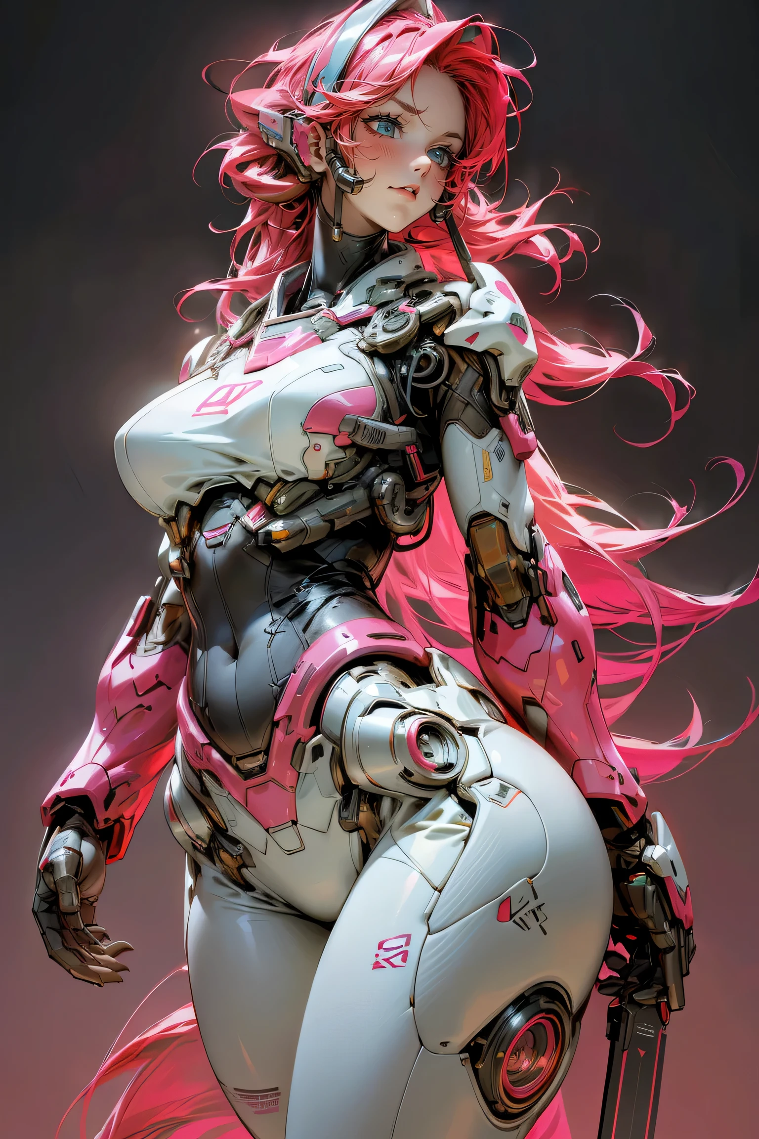 futuristic mecha, glowing surface, pink and red color scheme, girl with slim waist, big breasts, flowing fiery red hair, transparent visor, nine-headed (best quality, 4k, 8k, highres, masterpiece:1.2), ultra-detailed, (realistic, photorealistic, photo-realistic:1.37), anime style, vibrant colors, sci-fi lighting.