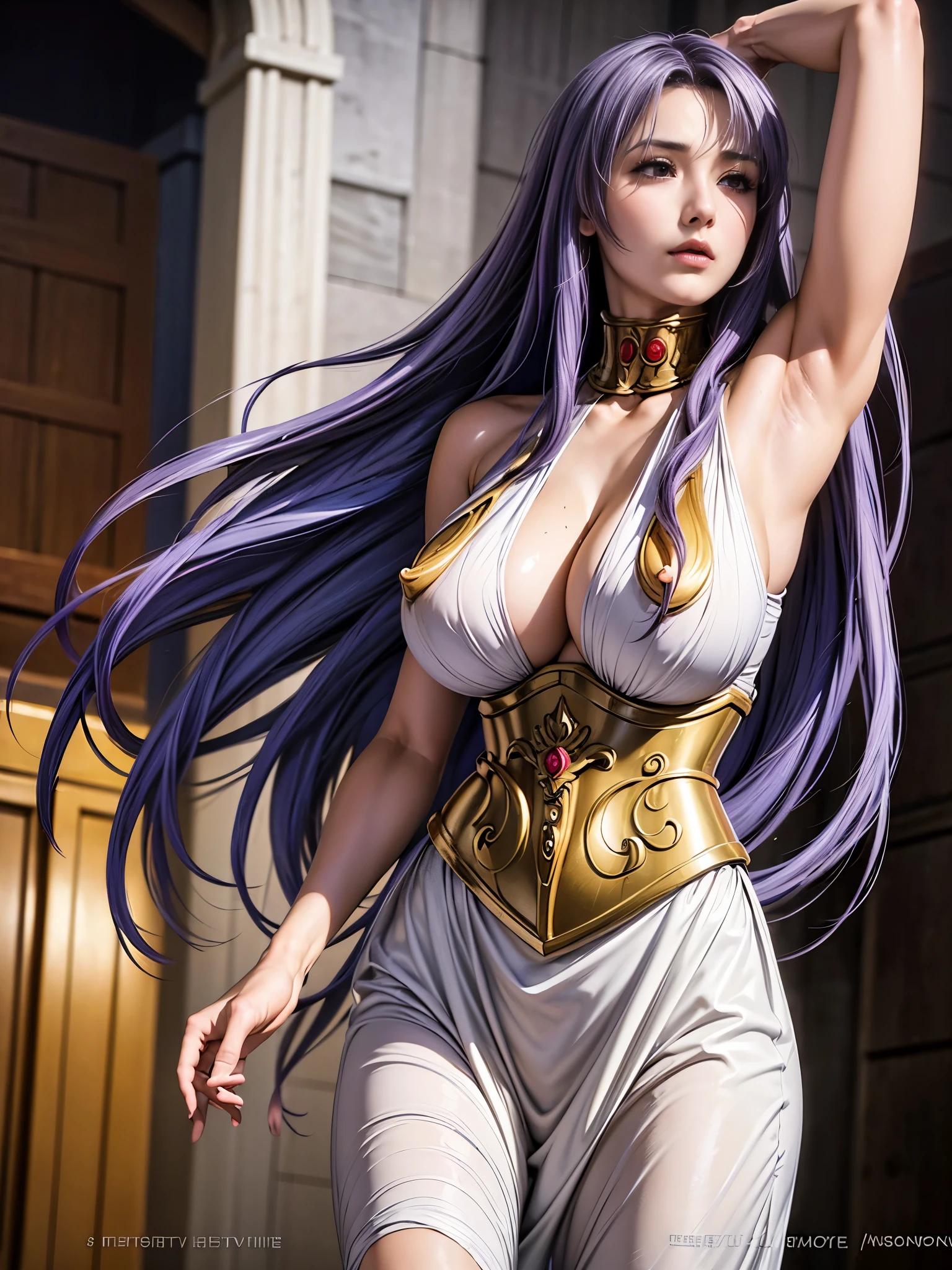 Show your armpits,masterpiece, highest quality,sasha, purple hair, long hair, red eyes, white dress, collar, long skirt ,No sleeve, bare shoulders, Split, clavicle, gold accessories, corset, 1 girl, Perfect Asian Goddess、Lawless ticky facial features,amazing,alone, (huge boobs:1.4),looking at the audience,(whole body:1.4),supreme beauty,solemn,Footshot,(from below:1.3)