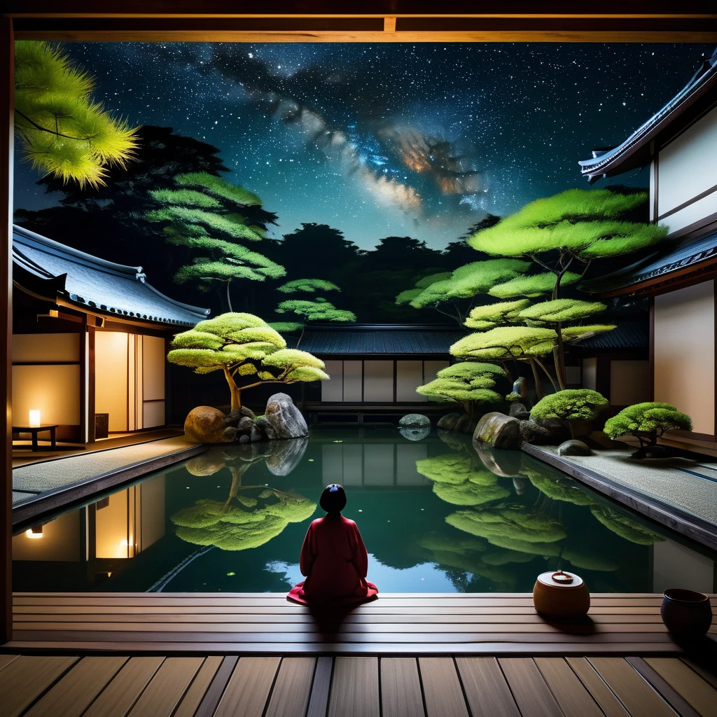 A japanese pond inside house, during night time, someone is sitting on the chair near pond and look up at the stars. Realistic photo. Detailed skin and textures