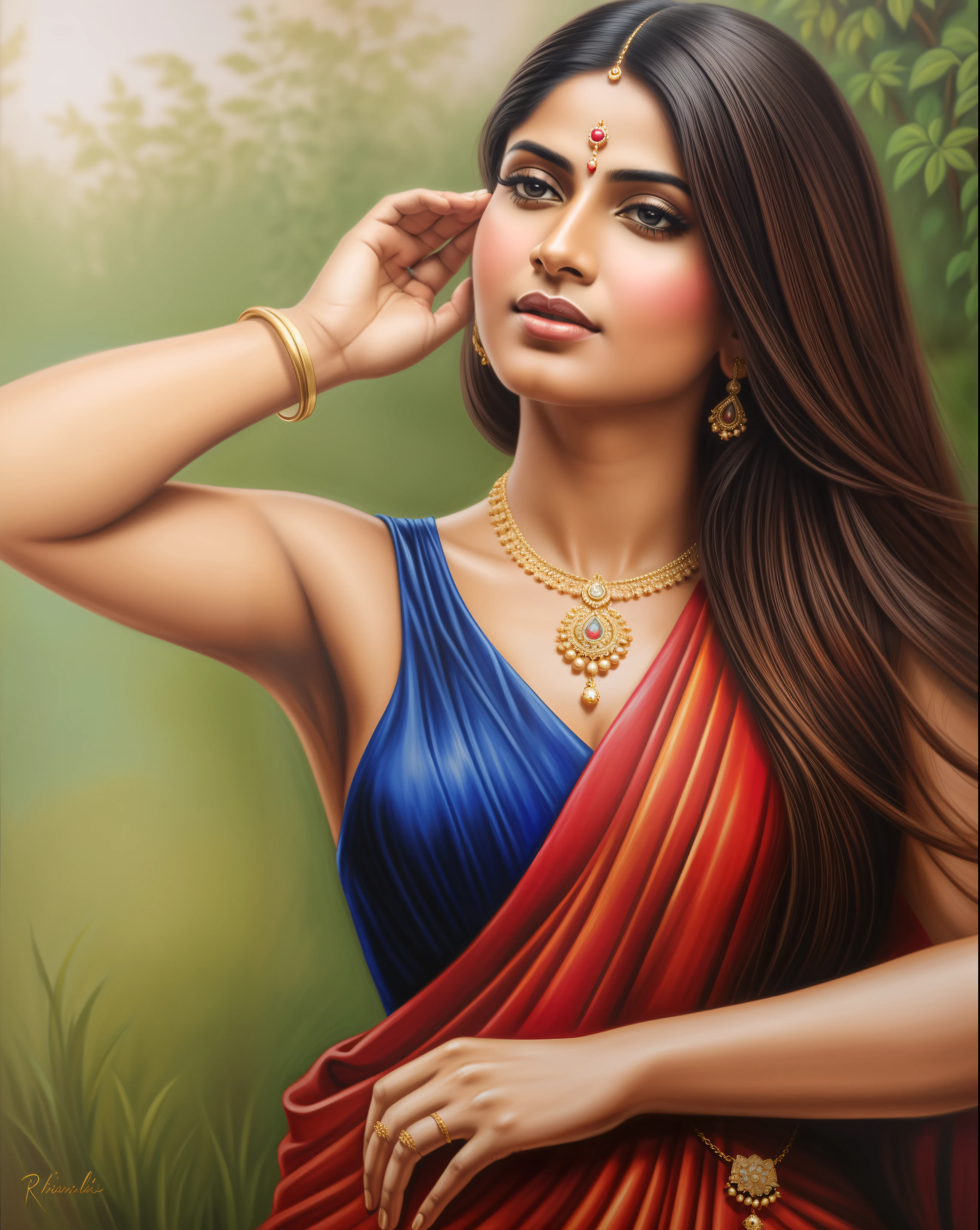 painting of a woman in a blue dress with a gold necklace, inspired by Raja Ravi Varma, by Raja Ravi Varma, portrait of a beautiful goddess, a stunning portrait of a goddess, portrait of modern darna, beautiful face , enchantress, ravishing beauty, perfect hands and fingers, charming, portrait of a goddess, indian girl with brown skin, portrait painting of a princess, gorgeous woman, oil painting of realistic woman, indian empress