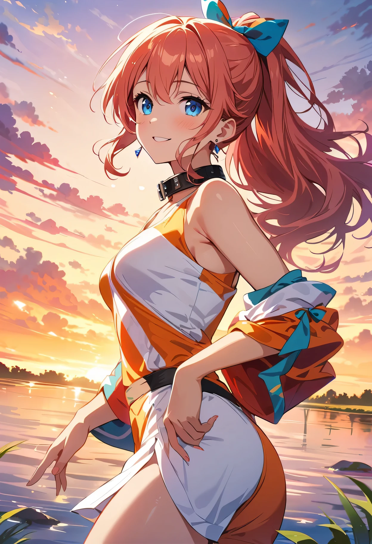 masterpiece, Super high quality CG, best quality, perfect picture, Colorful sunset，Lydia at the pond，beautiful details eyes，beautiful lips，earrings，collar，Blonde high ponytail，blue eyes，red hair bow，Smile，looking at the audience with joy，Wearing sexy karate costume