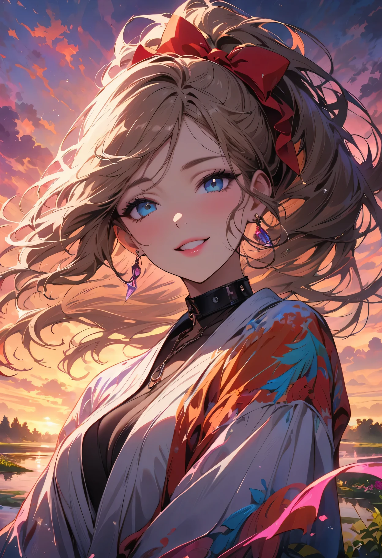 masterpiece, Super high quality CG, best quality, perfect picture, Colorful sunset，Lydia at the pond，beautiful details eyes，beautiful lips，earrings，collar，Blonde high ponytail，blue eyes，red hair bow，Smile，looking at the audience with joy，Wearing sexy karate costume