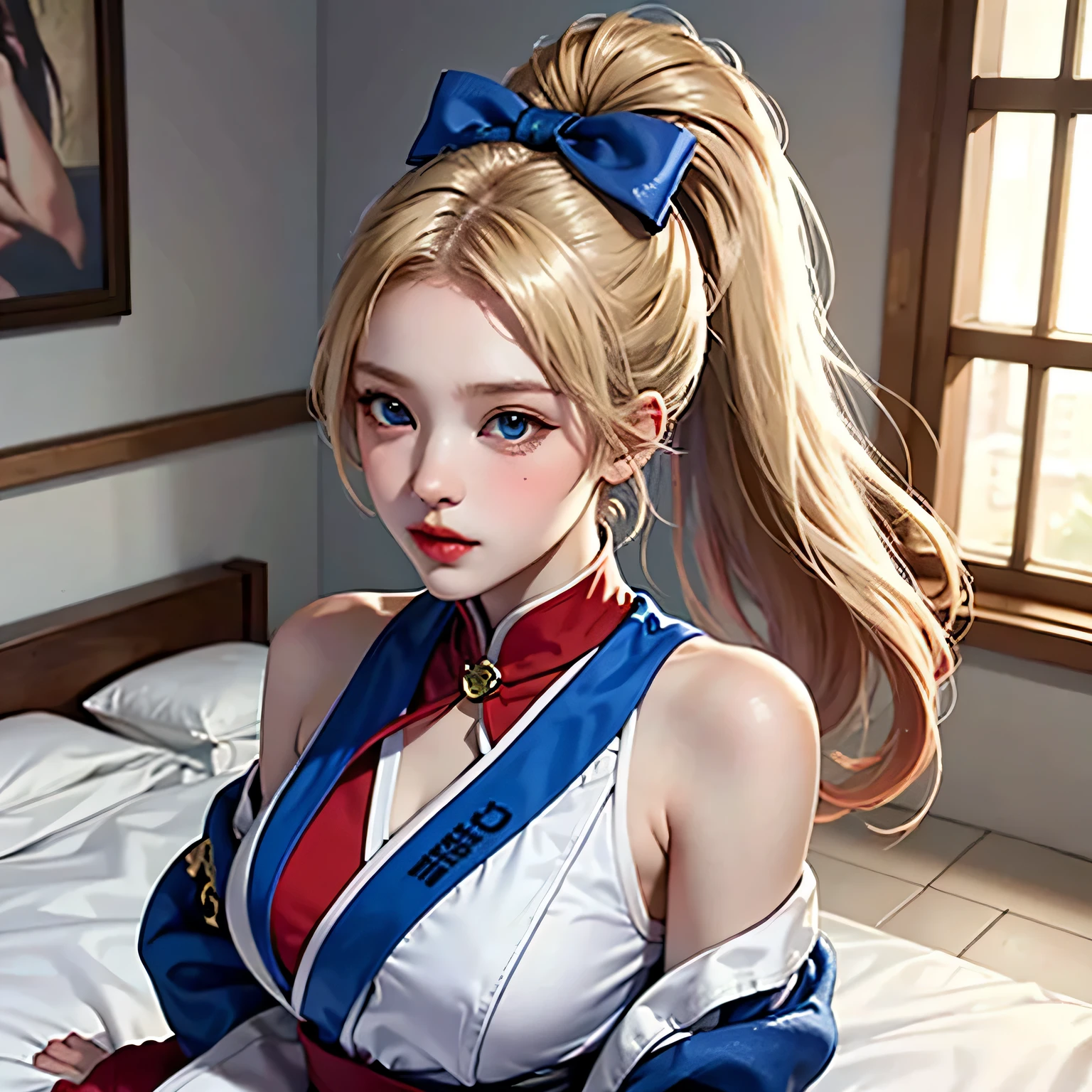 masterpiece, Super high quality CG, highest quality, perfect picture, alone, Lydia Sobieska (Iron fist, Blonde hair with high ponytail, blue eyes, Red Hair Bow, strong), wearing a sexy karate uniform, sitting on the bed, turn to the side, blush, Showing shoulders, in a european mansion