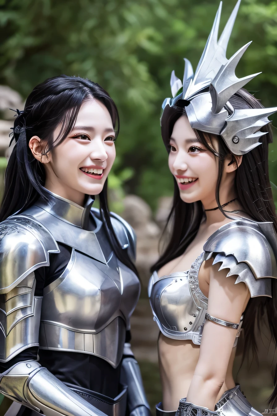 high resolution, 4k, masterpiece: 1.3), two beautiful women chatting、luxurious silver armor、Dragon Helm、 women pictures, sexy, fine eyes, slender body shape, realistic teeth, double eyelid, full body, highest quality, get used to it, equipped with armor, in a fantasy world, The background is a castle、black hair、ear piercing、smile、beautiful teeth、open your mouth、full body photo、、I have a weapon information