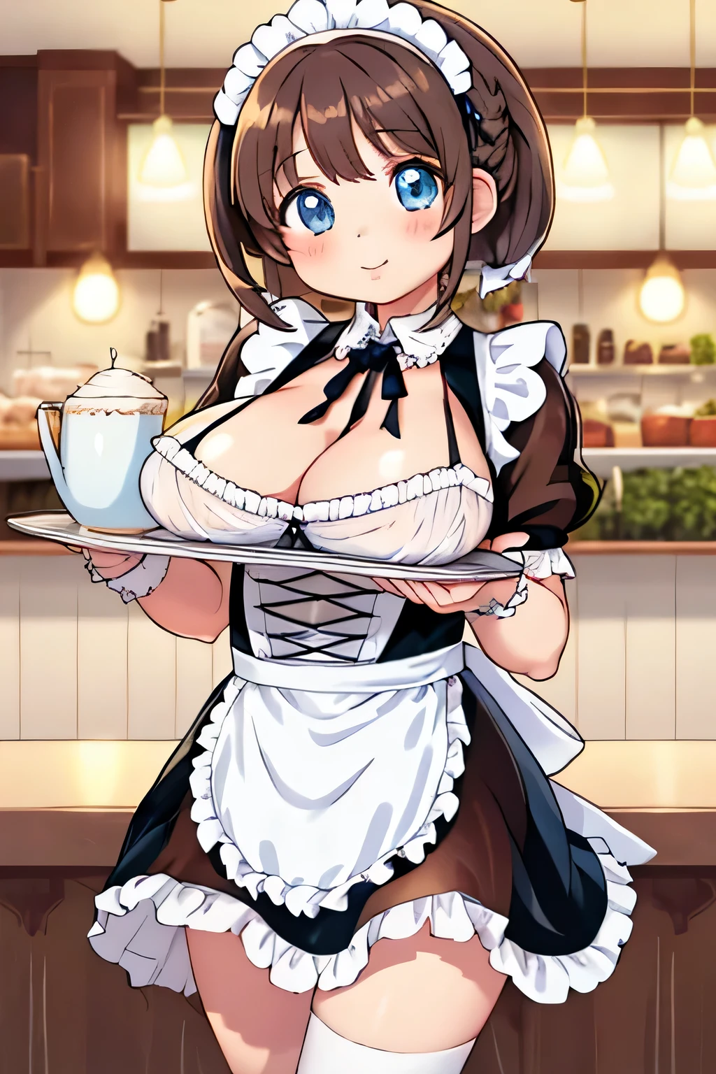 highest quality、High resolution、detailed background、cute age girl、(three women)、brown hair、bob cut、braided ponytail、(huge breasts:1.3)、realistic、perfect body line、pink floral embroidered panties、No bra、plump nipples、Attractive big buttocks、
Cafe with a calm atmosphere、
(Place your breasts on the tray while holding the tray while wearing a see-through maid outfit:1.5)、
Frills and lace are characteristic elements of maid uniforms.、
Incorporating frills and lace into details such as dresses and aprons creates cuteness and elegance.、
Maid uniforms are generally brightly colored.、
By incorporating bright colors such as pink, blue, and yellow, you can create a cute impression that will look great in a cafe.、
Ribbons and dot patterns are often used in maid costumes.、
Ribbons are used to decorate hair accessories, collars, and cuffs, and dot patterns can be incorporated into dresses, aprons, etc. to emphasize cuteness.、
Skirts for maid uniforms are generally mini-length and short.、
The length of the skirt is generally above the knee, which brings out the cuteness and sexiness.、
You can add cuteness to your maid outfit by pairing it with high socks and leg warmers.、
Striped patterns and lace details make it even more cute.、
angle from below、Low - Angle、look at me with a very happy expression、smile、legs open、panty shot、emphasize the chest、emphasize cleavage、The nipples are transparent、emphasize the underboob、cute