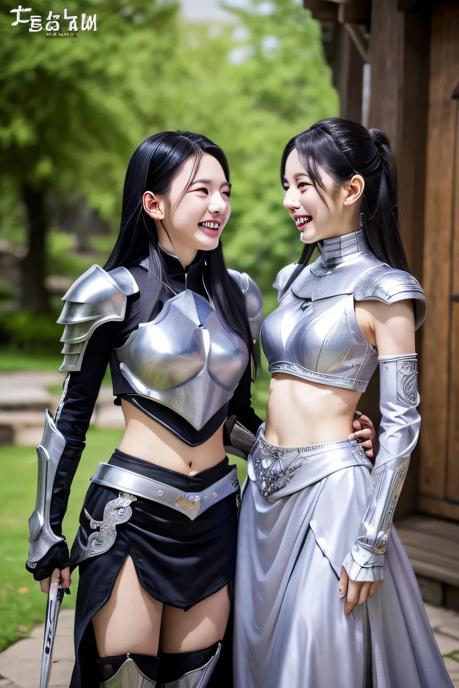 high resolution, 4k, masterpiece: 1.3), two beautiful women chatting、luxurious silver armor、Dragon Helm、 women pictures, sexy, fine eyes, slender body shape, realistic teeth, double eyelid, full body, highest quality, get used to it, equipped with armor, in a fantasy world, The background is a castle、black hair、ear piercing、smile、beautiful teeth、open your mouth、full body photo、、I have a weapon information