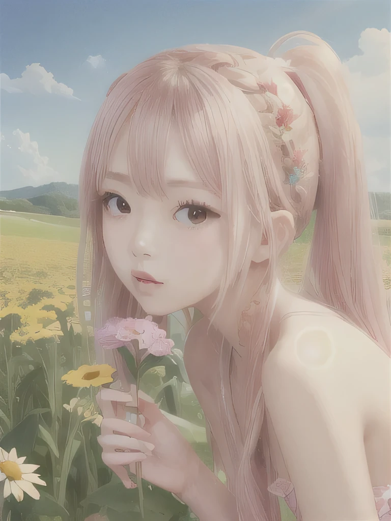 1 girl, alone, naked legs, flower, long hair, null, completely naked, flower petals, outdoor, holding, holding flower, cloud, pink hair, Wind, field、Small breasts、16K、She is the flower spirit、flower decoration、、Braid、flower headband、ponytail、Now naked、naked、upper body close-up、I'm squatting、