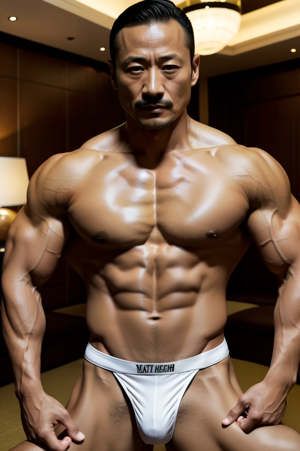 45 years old，Hidetoshi Nakata ，（Kogoro dies 1.3），two muscular men together，Topless，outline of crotch，wearing sexy underwear，with a mustache，master piece，KHD，，feet，suit、Everyone looks different、at a luxury hotel,Super large pectoral muscles