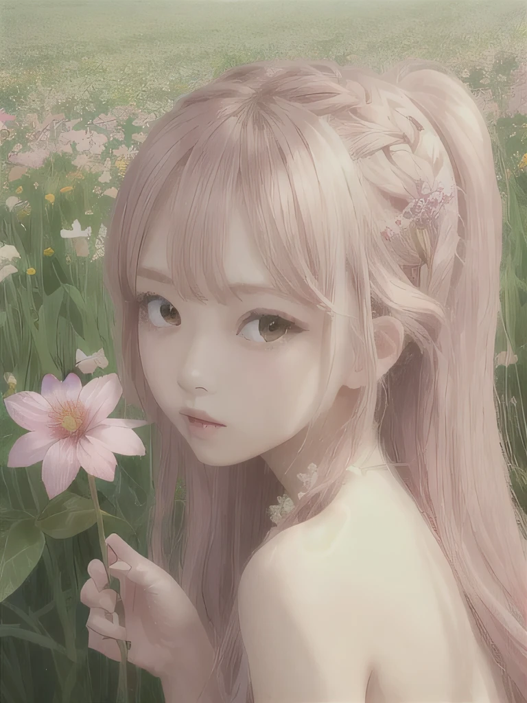 1 girl, alone, naked legs, flower, long hair, null, completely naked, flower petals, outdoor, holding, holding flower, cloud, pink hair, Wind, field、Small breasts、16K、She is the flower spirit、flower decoration、、Braid、flower headband、ponytail、Now naked、naked、upper body close-up、I'm squatting、