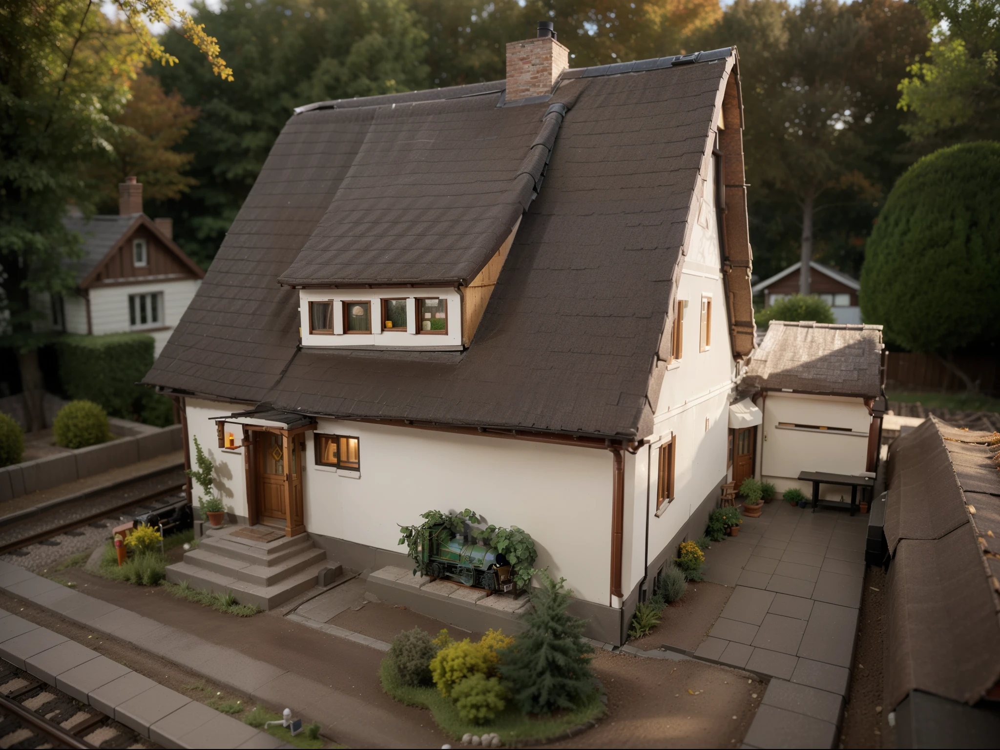 professional photo of: bautiful intricate datailled model railway H0 gauge: 1958s German single-family home with outside garage, garage left in image, trees, bushes, way to the garage, lawn around house, street in front of house, autumn, dark clouds and woods behind property, red roof tiles, sun rays onto the house and garden, backyard, big Terrasse, big window, roof windows, chimney in middle of rooftop, beautiful wrought iron fence in front of the house, Faller Modellbaugras, BR86 locomotive on tracks: there is a model of a house with a red roof, miniature model, photo of a model, model miniature, diorama model, miniature, mini model, detailed model, tabletop model, village house, by Aleksander Kobzdej, miniature porcelain model, tabletop model buildings, excellent detail, replica model, cottage, very sharp detail