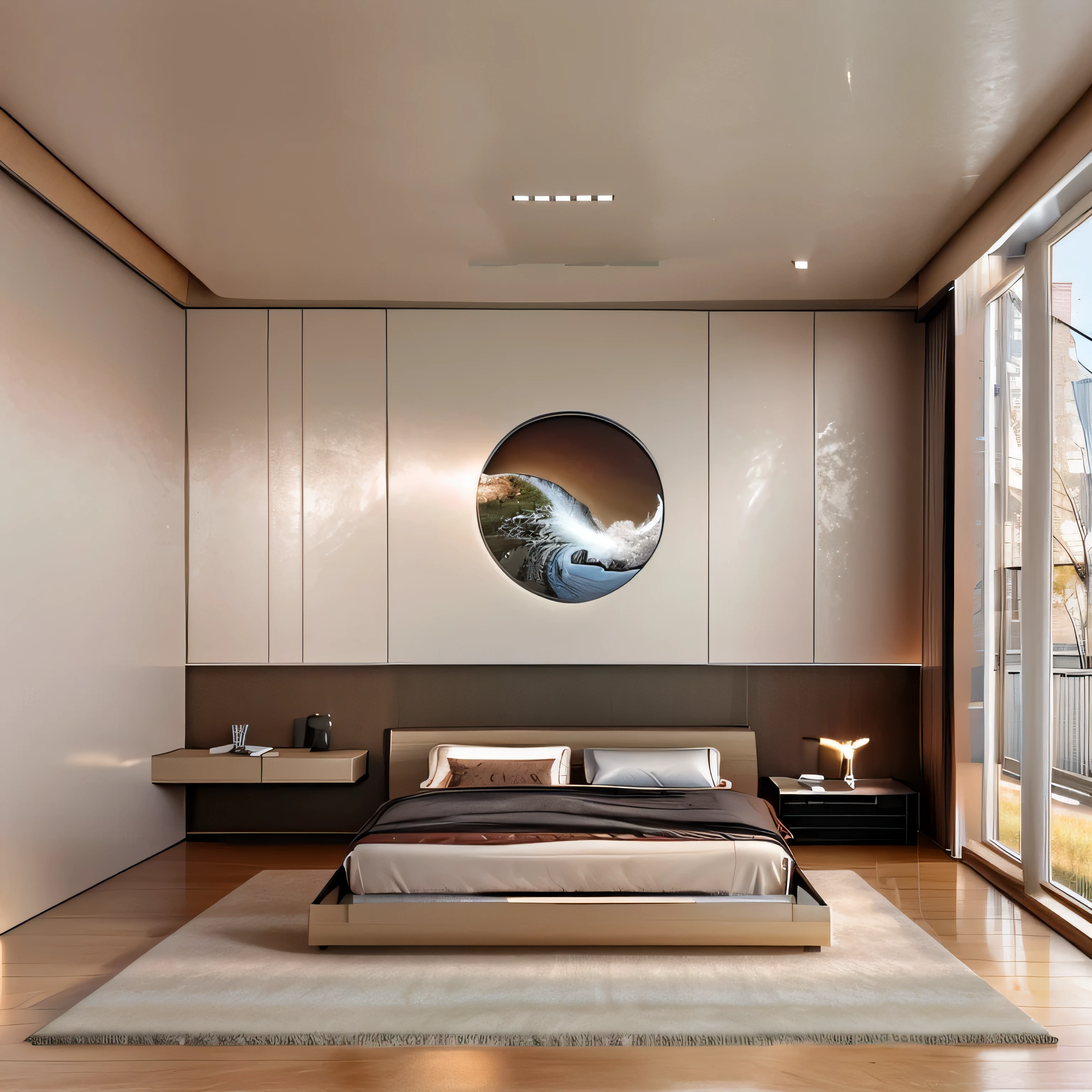 modern bedroom interior design, pictures, glass doors, (door 1.5), daylight, soft light, pictures, (wooden bed 1.5), actual photos, best quality, 8k, masterpiece, ultra realistic, highres