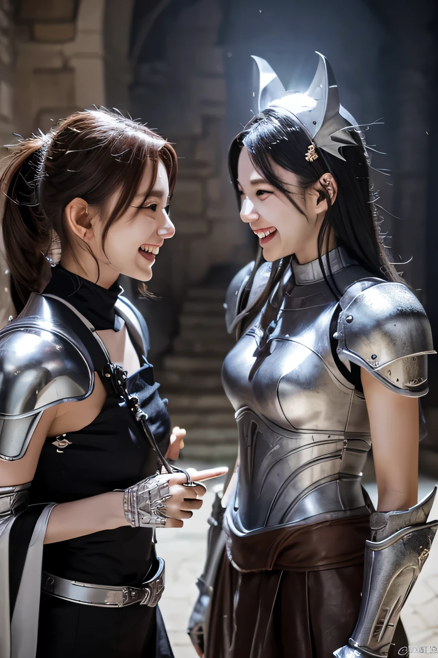 high resolution, 4k, masterpiece: 1.3), two beautiful women chatting、luxurious silver armor、Dragon Helm、 women pictures, sexy, fine eyes, slender body shape, realistic teeth, double eyelid, full body, highest quality, get used to it, equipped with armor, in a fantasy world, The background is a castle、black hair、ear piercing、smile、beautiful teeth、open your mouth、full body photo、、Has a weapon