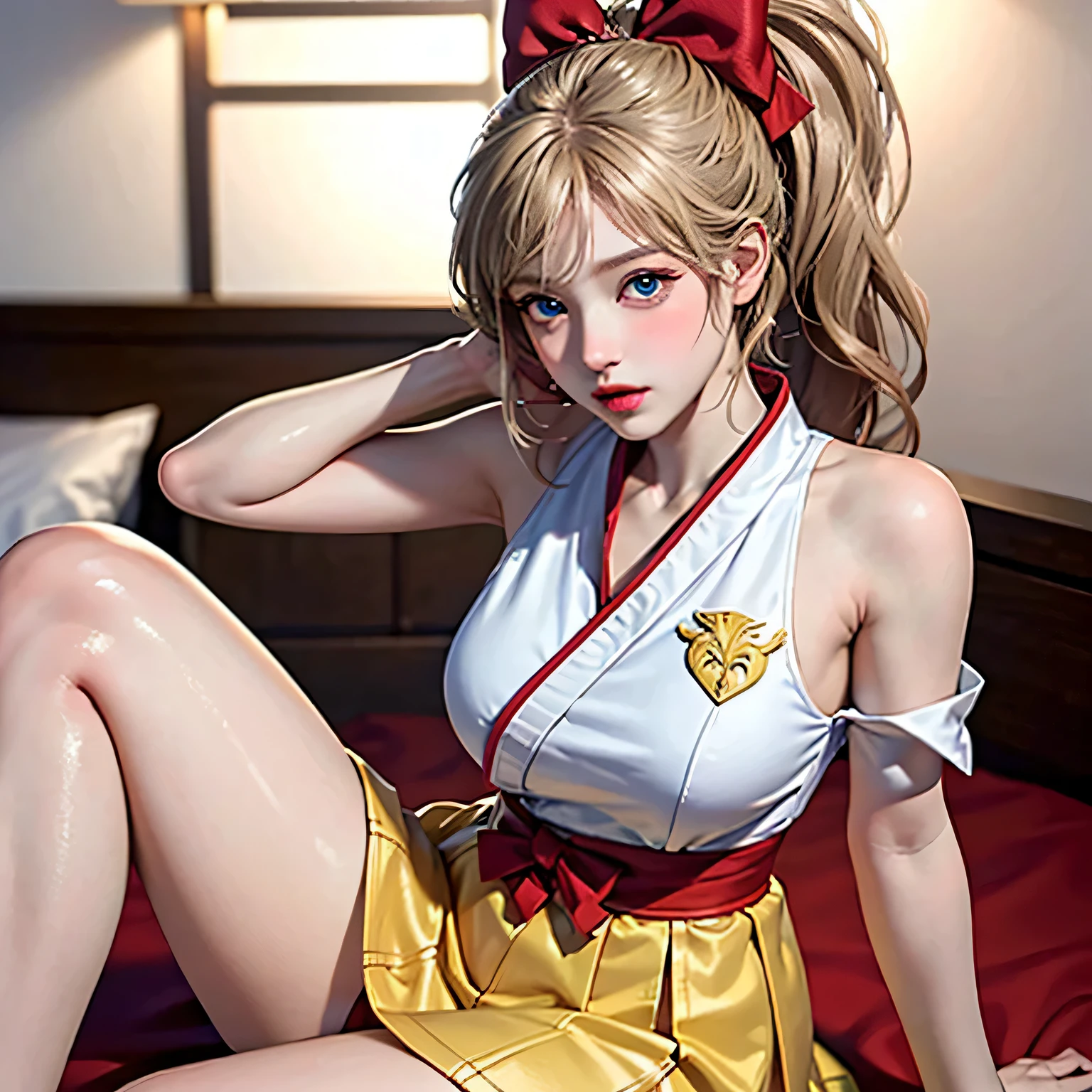 masterpiece, Super high quality CG, highest quality, perfect picture, alone, Lydia Sobieska (Iron fist, Blonde hair with high ponytail, blue eyes, Red Hair Bow, strong), wearing a sexy karate uniform, sitting on the bed, turn to the side, blush, Showing shoulders, in a european mansion