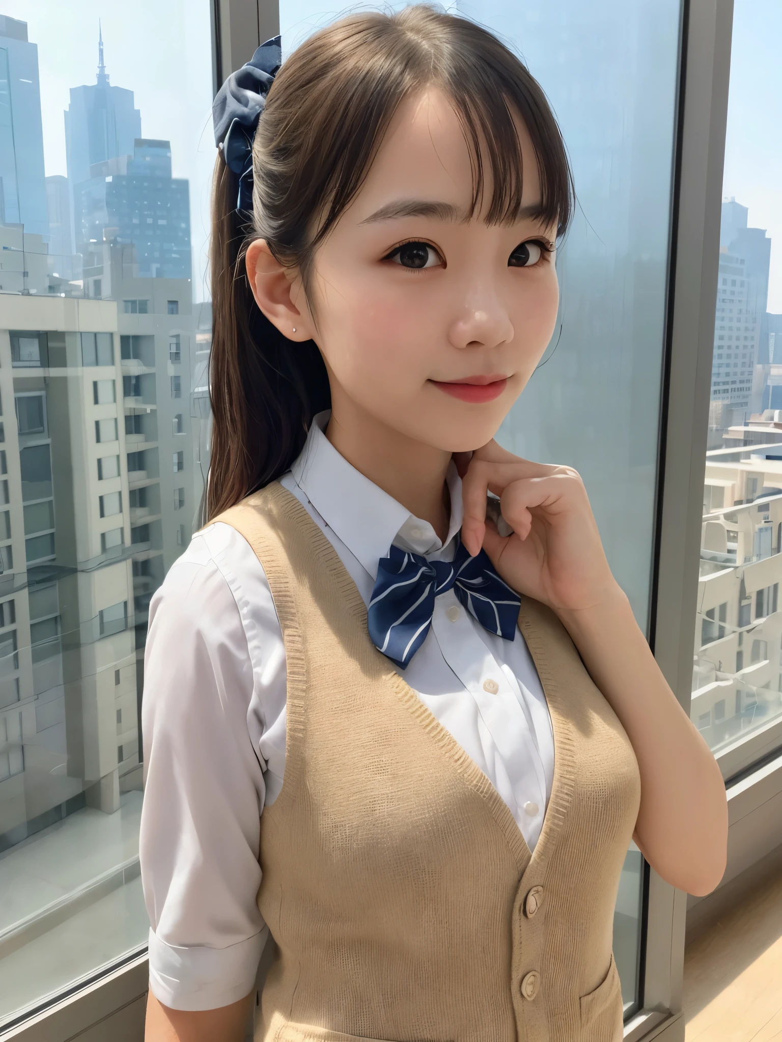 1girl, matured female, vest, bow, photo, realistic, best quality, hires, detailed face, office, buildings from window, detailed background, diffused sunlight, depth of field, bokeh