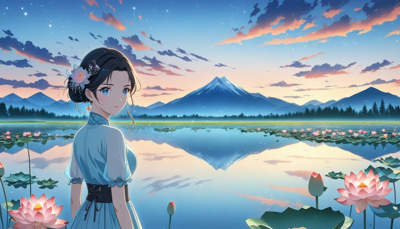 dusk landscape, sunset,pond,anime style, With mountains and clouds as background,lotus,girl