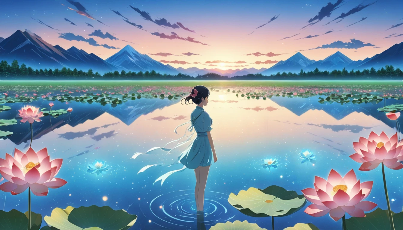 dusk landscape, sunset,pond,anime style, With mountains and clouds as background,lotus,girl