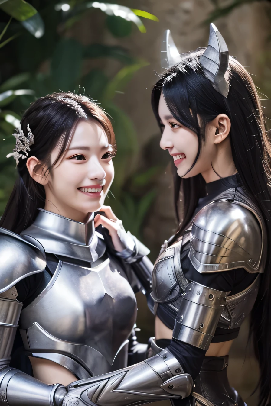 high resolution, 4k, masterpiece: 1.3), two beautiful women chatting、luxurious silver armor、Dragon Helm、 women pictures, sexy, fine eyes, slender body shape, realistic teeth, double eyelid, full body, highest quality, get used to it, equipped with armor, in a fantasy world, The background is a castle、black hair、ear piercing、smile、beautiful teeth、full body photo、、Has a weapon