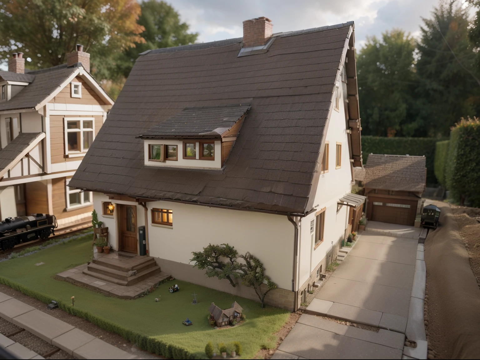 professional photo of: bautiful intricate datailled model railway H0 gauge: 1958s German single-family home with outside garage, garage left in image, trees, bushes, way to the garage, lawn around house, street in front of house, autumn, dark clouds and woods behind property, red roof tiles, sun rays onto the house and garden, backyard, big Terrasse, big window, roof windows, chimney in middle of rooftop, beautiful wrought iron fence in front of the house, Faller Modellbaugras, BR86 locomotive on tracks: there is a model of a house with a red roof, miniature model, photo of a model, model miniature, diorama model, miniature, mini model, detailed model, tabletop model, village house, by Aleksander Kobzdej, miniature porcelain model, tabletop model buildings, excellent detail, replica model, cottage, very sharp detail