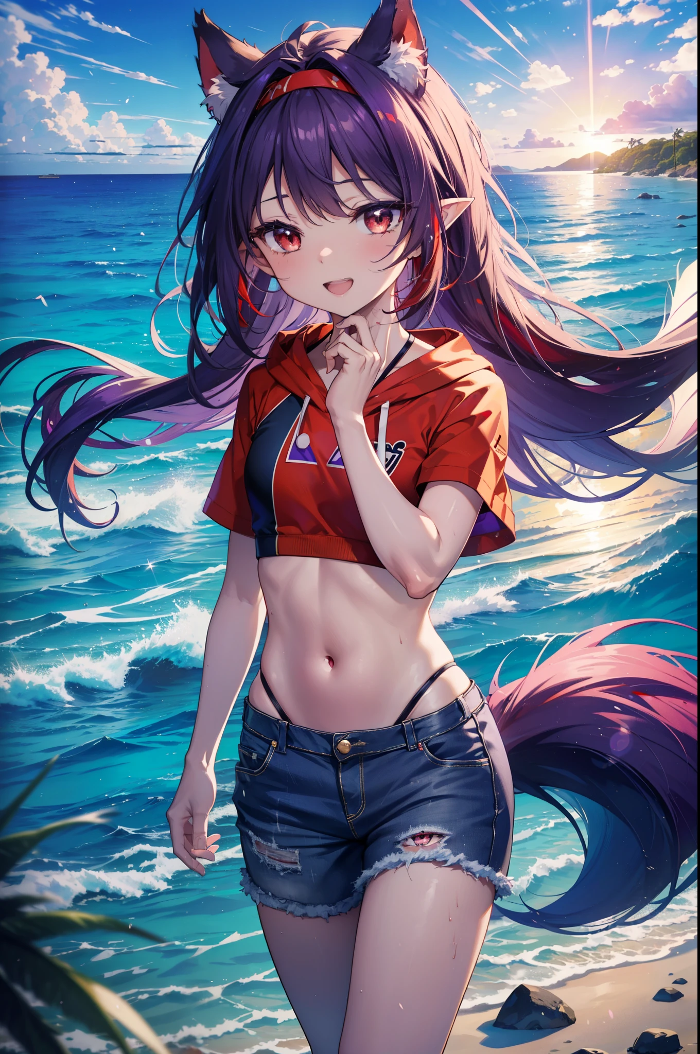 yuukikonno, Yuki Konno, hair band, long hair, pointy ears, purple hair, (red eyes:1.5),happy smile, smile, open your mouth, Are standing,
From above, (small breasts:1.2), ,dog ears,animal ears dog tail,Red Bikini Swimsuit,purple short sleeve hoodie Front open,,short denim pants,barefoot,barefoot,beach, sandy beach,Palm tree,Midsummer,Light of the sun,noon,
break looking at viewer, Upper body, whole body, (cowboy shot:1. 5
break outdoors, beach,
break (masterpiece:1.2), highest quality, High resolution, unity 8k wallpaper, (shape:0.8), (beautiful deしっぽed eyes:1.6), extremely deしっぽed face, perfect lighting, extremely deしっぽed CG, (perfect hands, perfect anatomy),