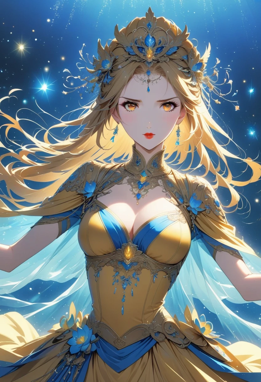 girl, flowing golden blonde hair, yellow eyes, golden royal outfit, neckline, Japanese cartoons, The background is a clear sky and twinkling lights, Dynamic angle, arrogant laughter
