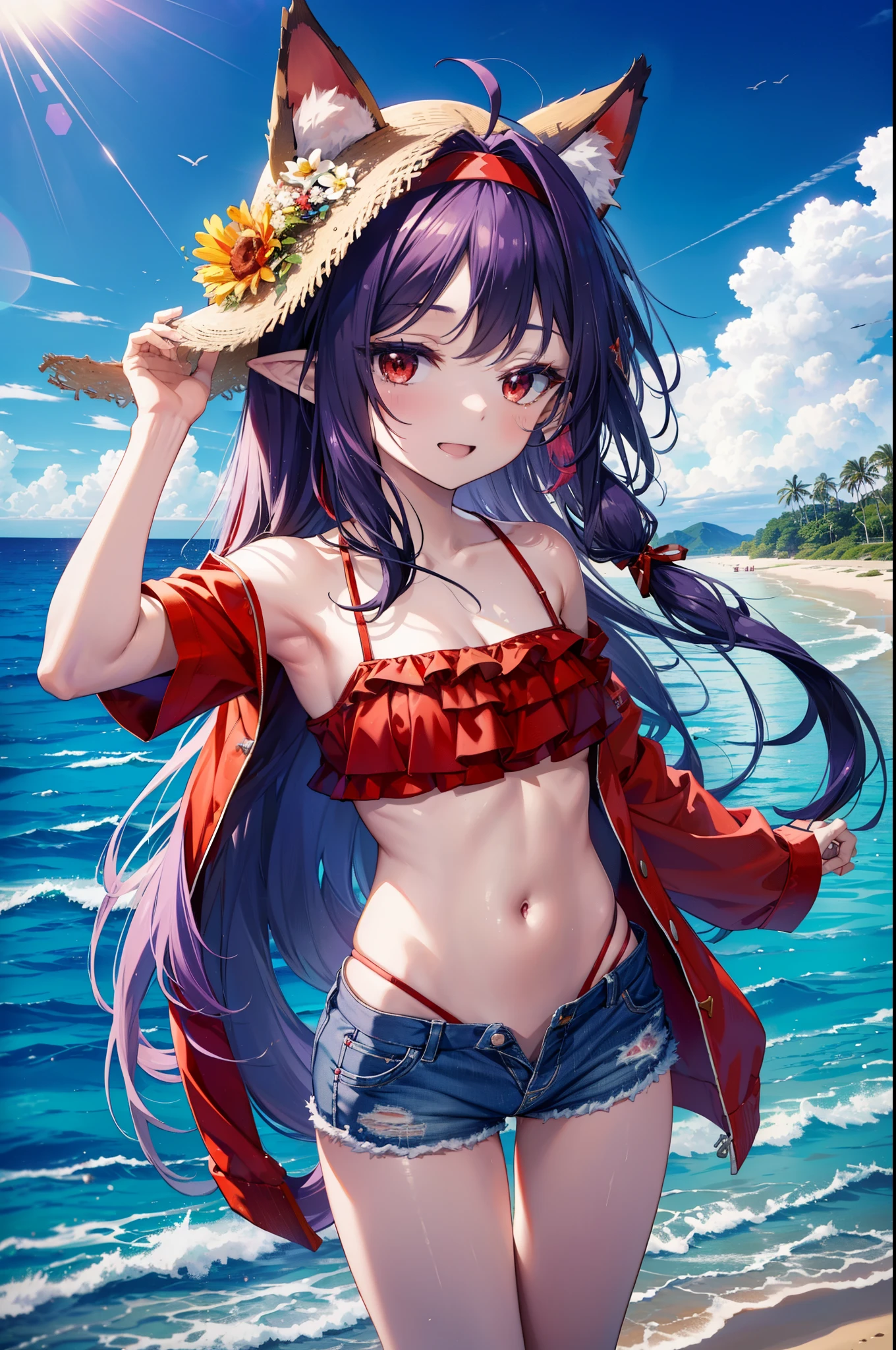 yuukikonno, Yuki Konno, hair band, long hair, pointy ears, purple hair, (red eyes:1.5),happy smile, smile, open your mouth, Are standing,
From above, (small breasts:1.2), ,dog ears,animal ears dog tail,Red Bikini Swimsuit,purple short sleeve hoodie Front open,,short denim pants,barefoot,barefoot,beach, sandy beach,Palm tree,Midsummer,Light of the sun,noon,
break looking at viewer, Upper body, whole body, (cowboy shot:1. 5
break outdoors, beach,
break (masterpiece:1.2), highest quality, High resolution, unity 8k wallpaper, (shape:0.8), (beautiful deしっぽed eyes:1.6), extremely deしっぽed face, perfect lighting, extremely deしっぽed CG, (perfect hands, perfect anatomy),