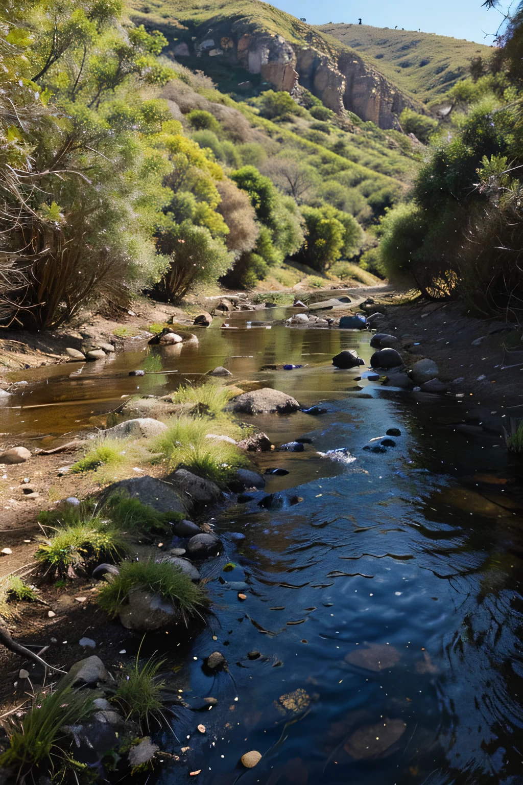 Scrub in the Valley: A vibrant scene showing a small but flourishing scrub bush in a valley, beside a little stream (rill), under a clear blue sky, emphasizing the scrub's vitality and beauty in its humble setting.