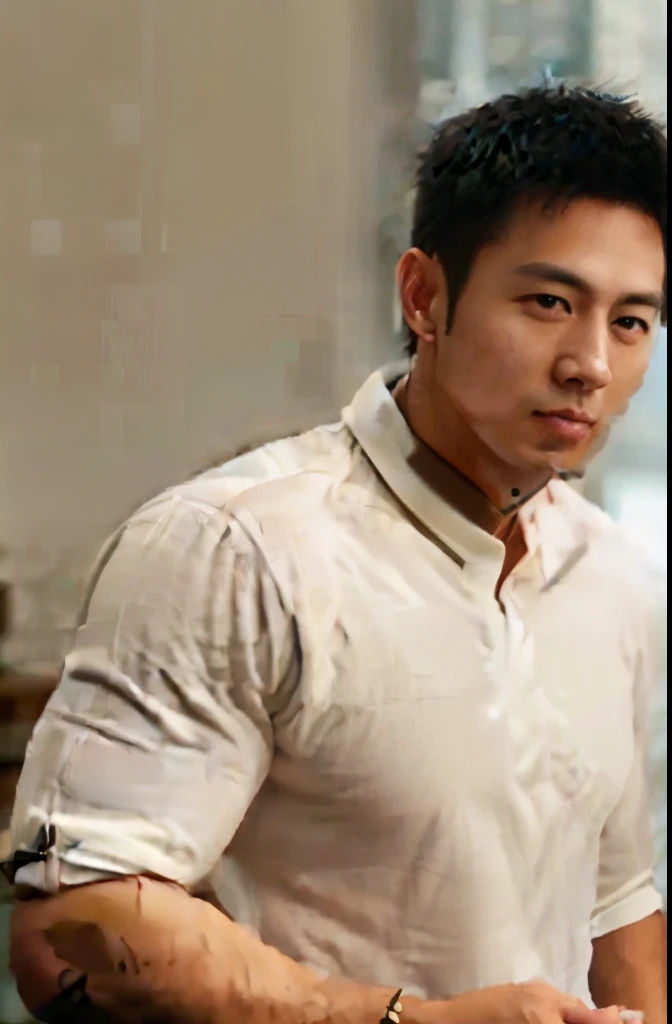 1 man,
When I was 30 years old.o Muscular man wearing a long-sleeved white shirt and tie, drinking coffee,
soft lighting,