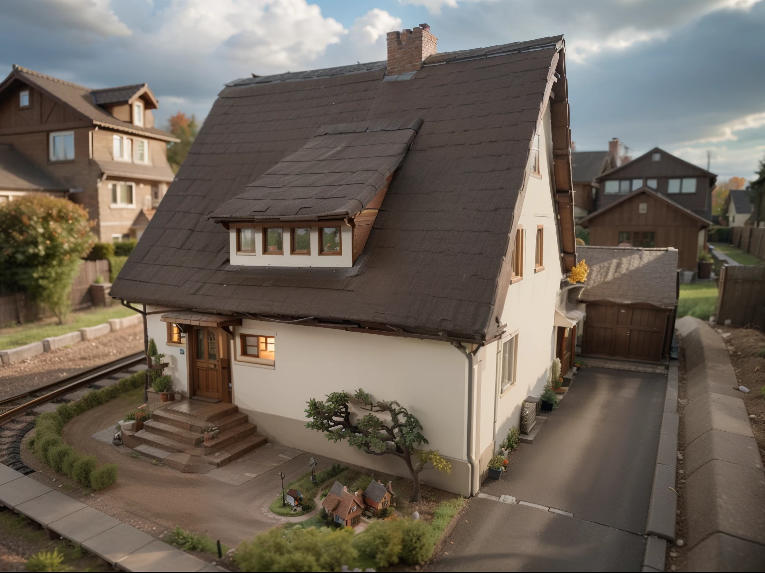 professional photo of: bautiful intricate datailled model railway H0 gauge: 1958s German single-family home with outside garage, garage left in image, trees, bushes, way to the garage, lawn around house, street in front of house, autumn, dark clouds and woods behind property, red roof tiles, sun rays onto the house and garden, backyard, big Terrasse, big window, roof windows, chimney in middle of rooftop, beautiful wrought iron fence in front of the house, Faller Modellbaugras, BR86 locomotive on tracks: there is a model of a house with a red roof, miniature model, photo of a model, model miniature, diorama model, miniature, mini model, detailed model, tabletop model, village house, by Aleksander Kobzdej, miniature porcelain model, tabletop model buildings, excellent detail, replica model, cottage, very sharp detail