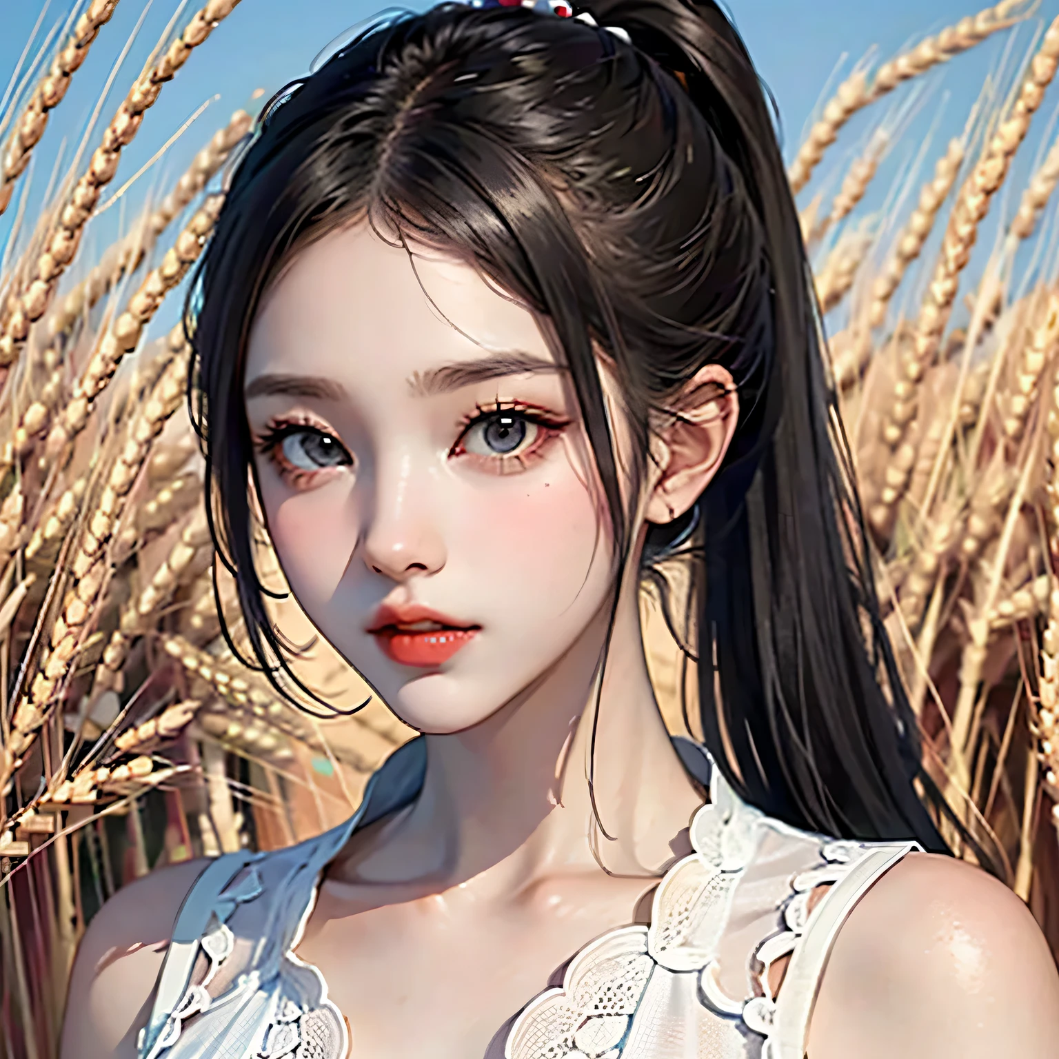 korean woman, (masterpiece, Beautiful person, ),  There is farming in the countryside., (There is (cut wheat: 1.4)), fertilize, weeding, simple face, no makeup, country girl, ponytail, detailed skin texture, fine cloth texture, fine and detailed face. masterpiece, slim waist, Because I&#39;m slender, big breasts,gray hair,