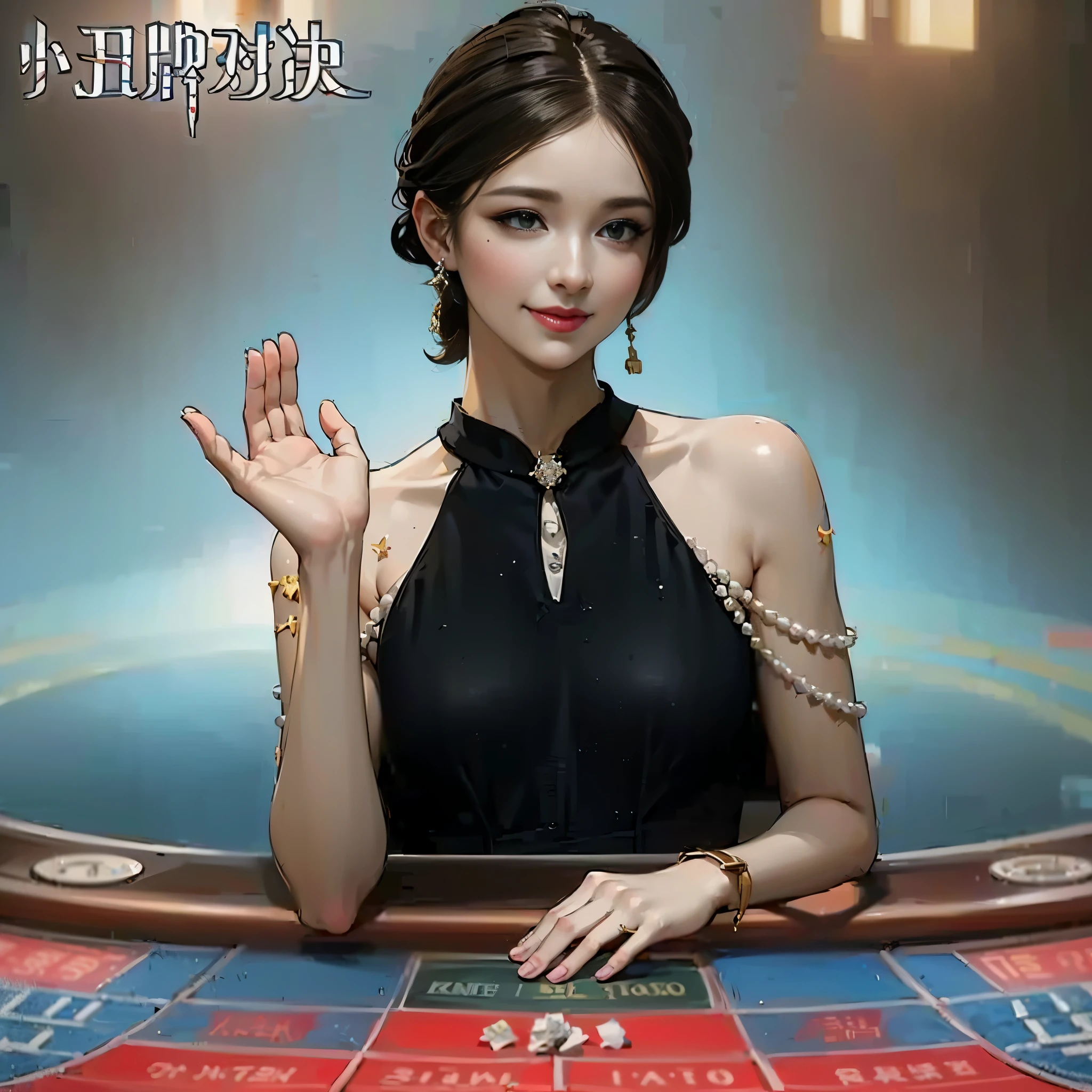 a woman holding a cell phone in front of a casino sign, online casino logo, cgstation trends, Popular topics on cgstation, poker, poker card style, 💣 💥, Wang Chen, casual games, casino, inspired by Zou Yigui, Bian Luan, front game card, game interface, Width, Jacky Tsai style