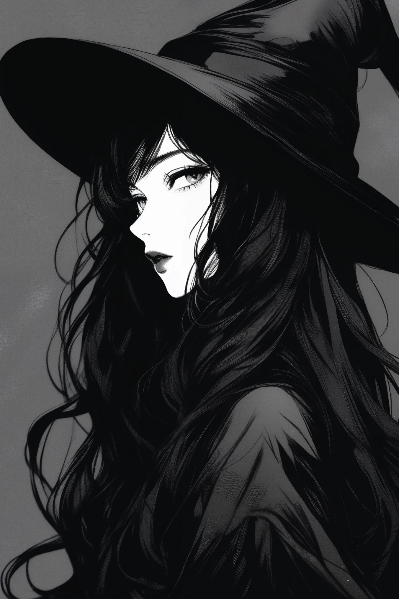 (best quality, sketch:1.2), epic realistic,illustrator,anime,1 girl, detailed lips,custom, (background dark monochrome),textured cropping, masterpiece, style retro classic, noir dark, art, (kare cascade hair (black:1.75) [neon:1.32]), (dark monochrome background), univers, witch