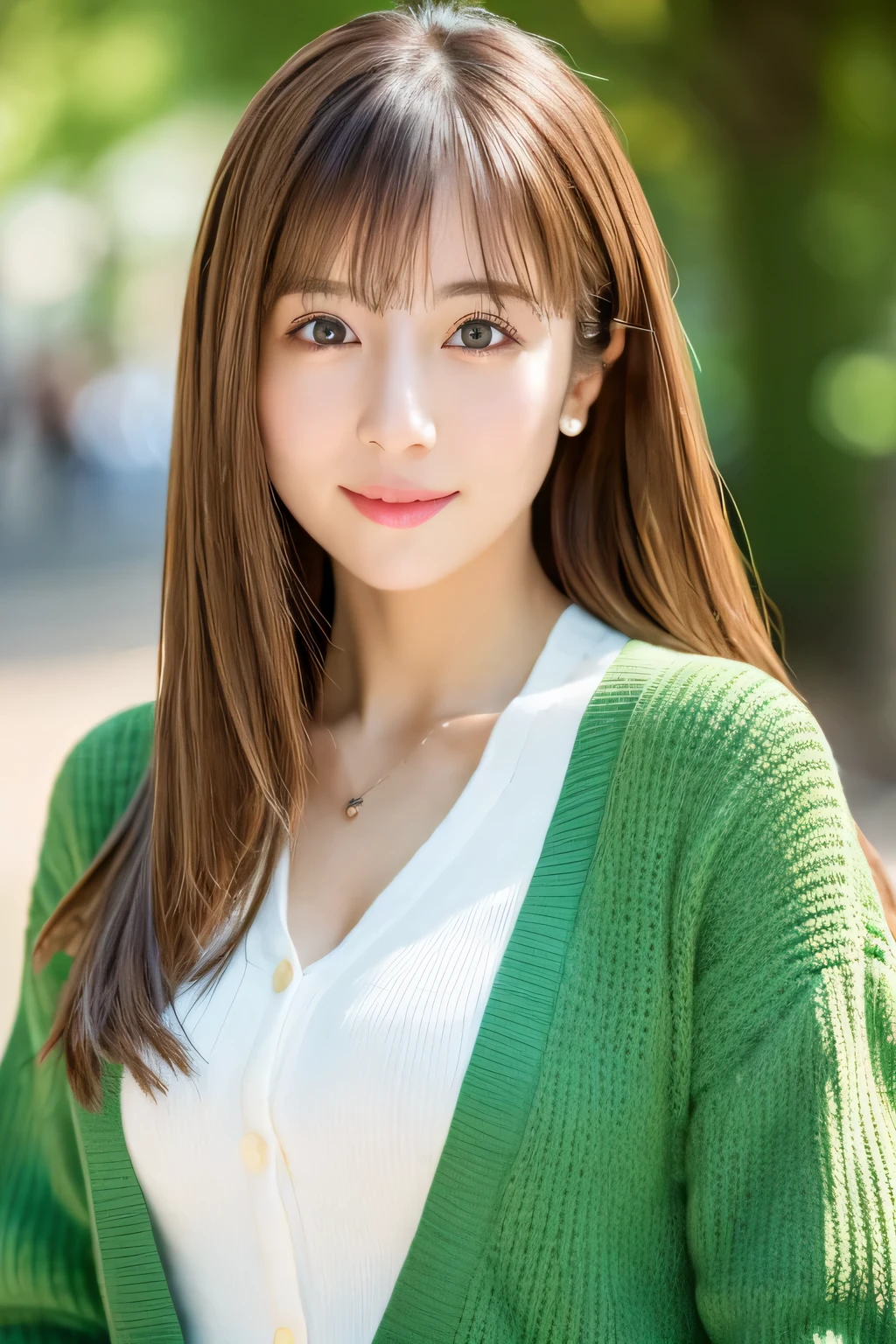 8K, highest quality, masterpiece, realistic, Photoreal, super detailed, Natural light, highly detailed face and skin, detailed eye, highly detailed face and skinの中間ショット, beautiful woman looking at camera, sexy pose, table top, beautiful face, realistic face, detailed face, beautiful hairstyle, realistic eyes, fine eyes, realistic skin, fine skin, beautiful skin, Charm, Super realistic, sexy green cardigan, kind, brown hair, cute japanese girl, full body