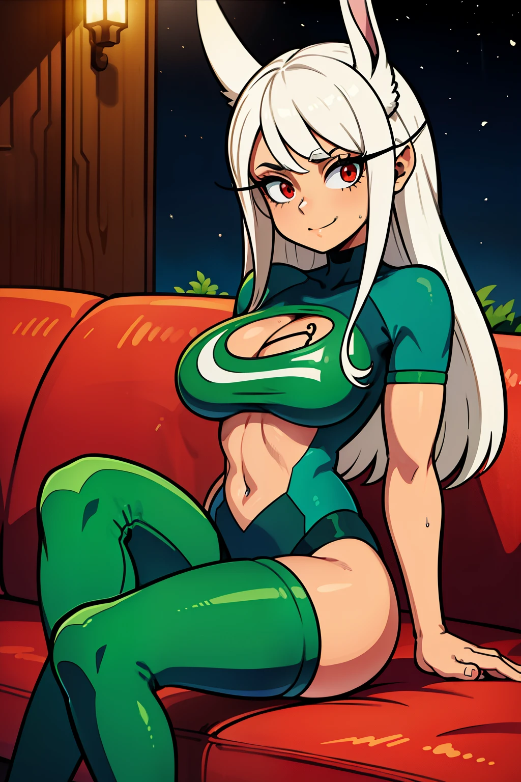 Cute girls,ojos rojos redondos, cabello blanco、orejas de conejo,sexy、sonriendo,Peinado liso medio a largo、(Bigboobs,lleva un sujetador verde,lleva unos leggins verdes,En una casa de alquiler,sitting on the couch,Noche,estaba lloviendo afuera,Upper body is wet.,cuerpo entero,lleva unos leggins verdes,green leggins