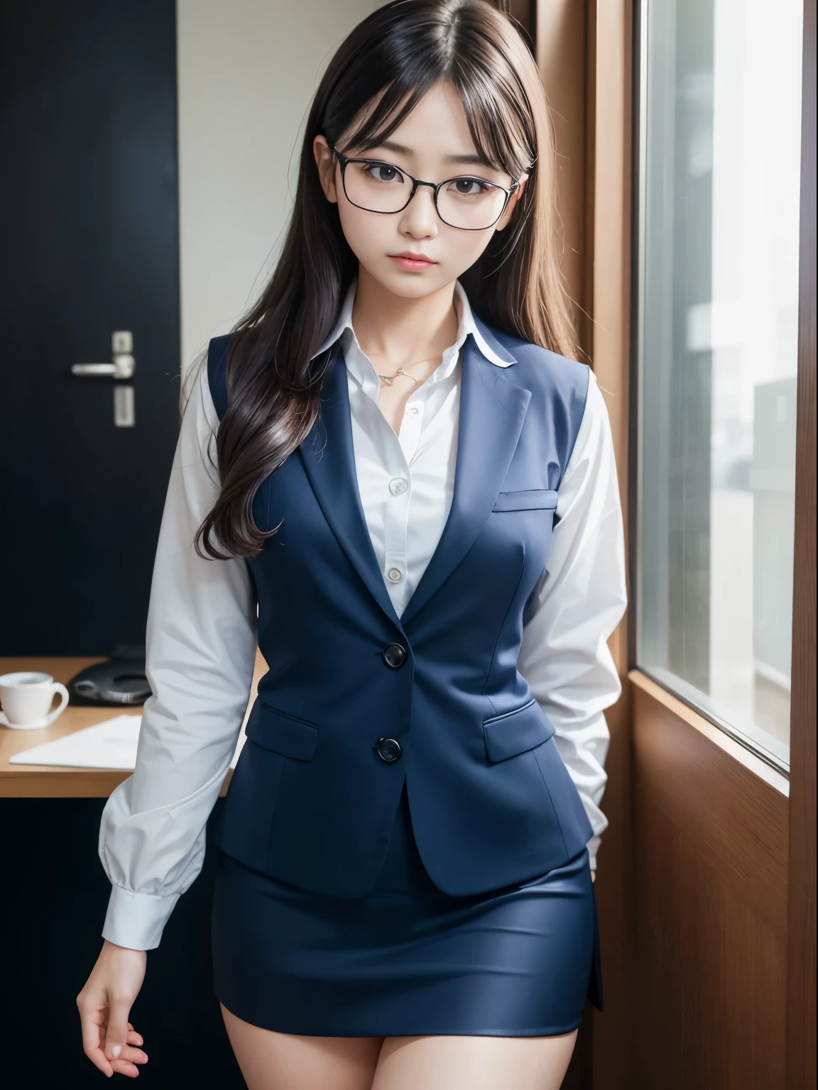 one person、solo、A 20-year-old office lady in office uniform poses for a photo shoot、glare、anger、sexy、victory、Tsundere、Saucy、Single knot、OL、suit、blue mini skirt、anger、Small、glasses、Slim girl model photo、Body:史上最Smallの美少女、female model、Japanese female fashion model、(8K、RAW photo、Highest image quality、masterpiece:1.2)、(real、photorealistic:1.37)、Ultra high definition、Ultra high definition、Office Street、standing position、whole body、((((SEXY)))