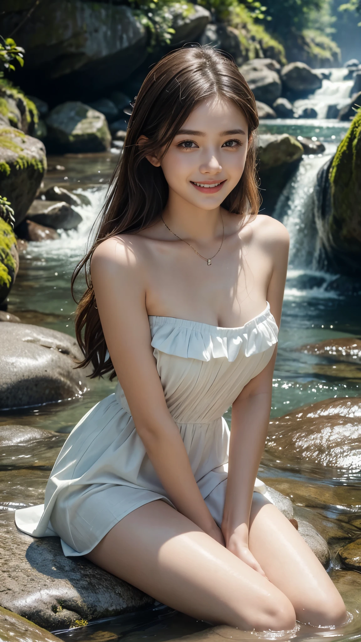 (best quality,ultra-detailed,realistic:1.37),portraits,beautiful young girl,youthful female model,riverbank and rocks or temple or bridge,Sweet girl clothes4,strapless dress,jewelry,sitting under a waterfall,sitting posture,sitting on a rock,drenched all over,masterpiece,extremely detailed description,super fine painting,detailed face,slim figure,long legs,playing in the water,smiling,bright smile