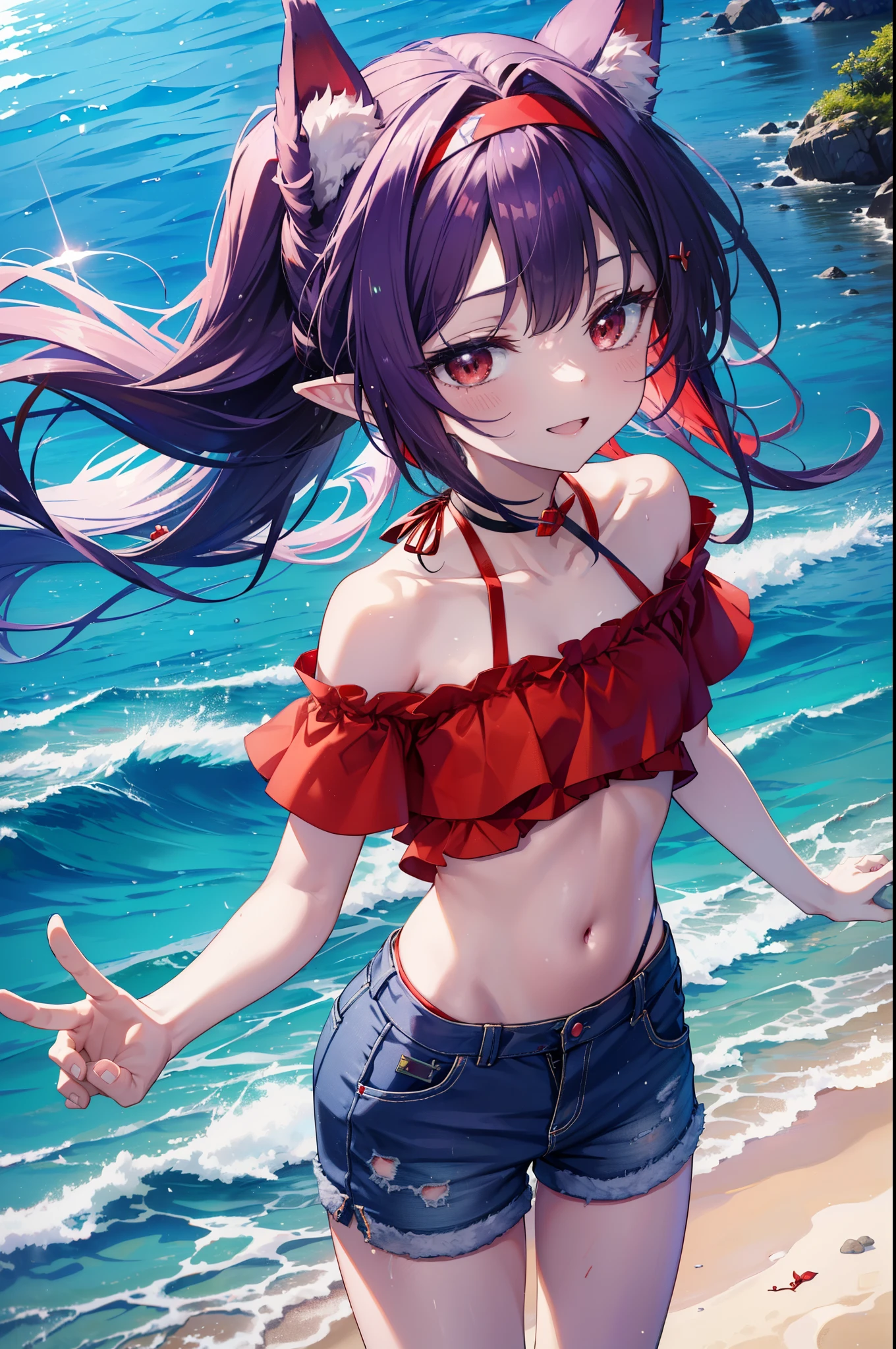 yuukikonno, Yuki Konno, hair band, long hair, pointy ears, purple hair, (red eyes:1.5),happy smile, smile, open your mouth, Are standing,
From above, (small breasts:1.2), ,dog ears,animal ears dog tail,Red Bikini Swimsuit,purple short sleeve hoodie Front open,,short denim pants,barefoot,barefoot,beach, sandy beach,Palm tree,Midsummer,Light of the sun,noon,
break looking at viewer, Upper body, whole body, (cowboy shot:1. 5
break outdoors, beach,
break (masterpiece:1.2), highest quality, High resolution, unity 8k wallpaper, (shape:0.8), (beautiful deしっぽed eyes:1.6), extremely deしっぽed face, perfect lighting, extremely deしっぽed CG, (perfect hands, perfect anatomy),