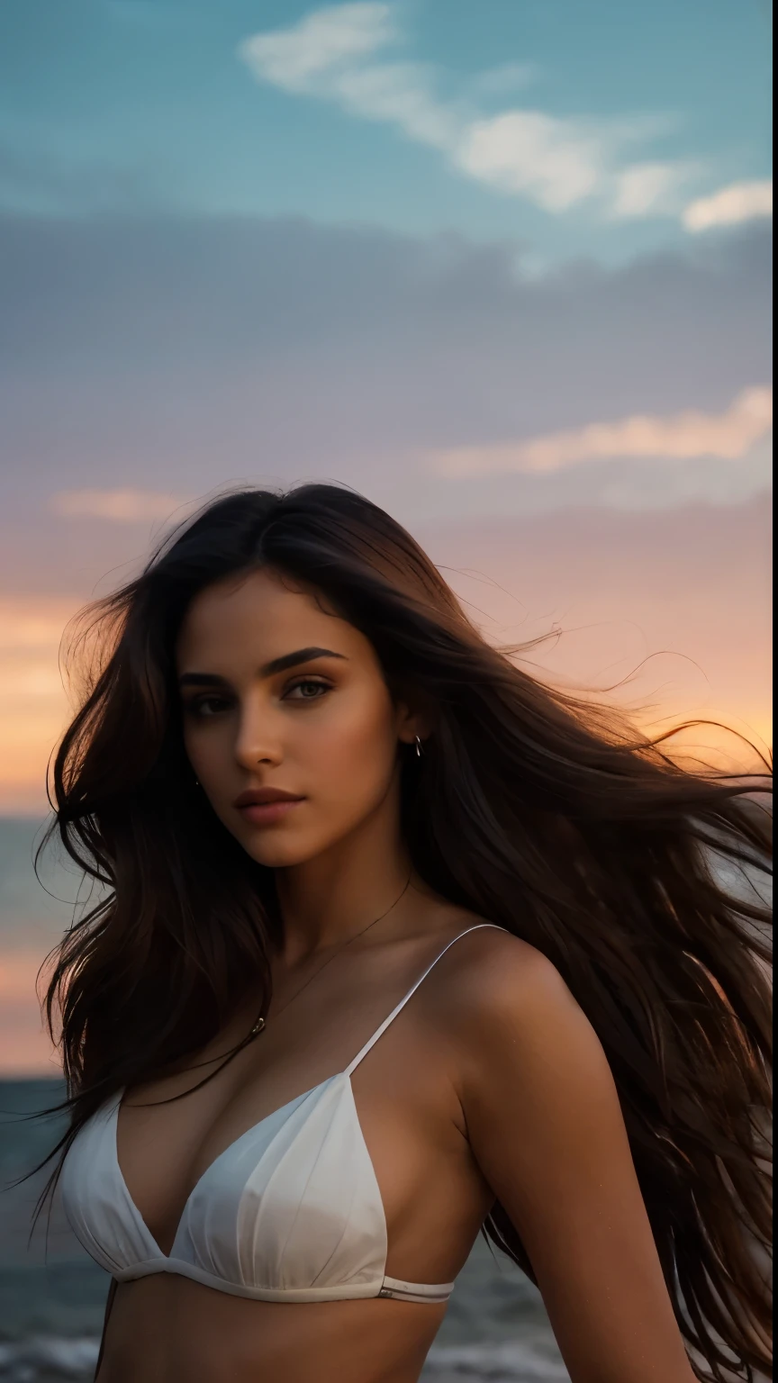uma fotografia de uma mulher morena com cabelos varridos pelo vento, your hair tangled like flames against a twilight sky, emanating indomitable beauty