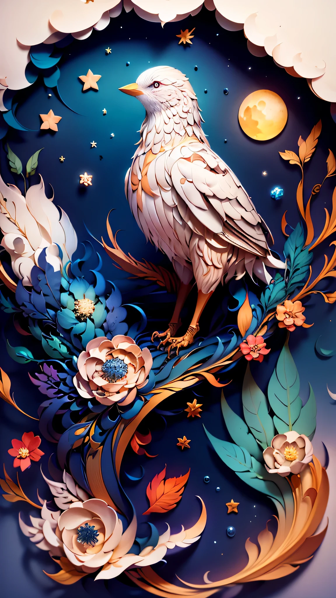 (((masterpiece))),highest quality, figure,  null, cloud, star \(symbol\), night, bird, moon, star \(null\), night null, starry null, Vibrant color scheme, soft light,(warm color:1.2),watercolor painting, bright background, highest quality exquisite details,3D rendering,octane rendering, paper_cut