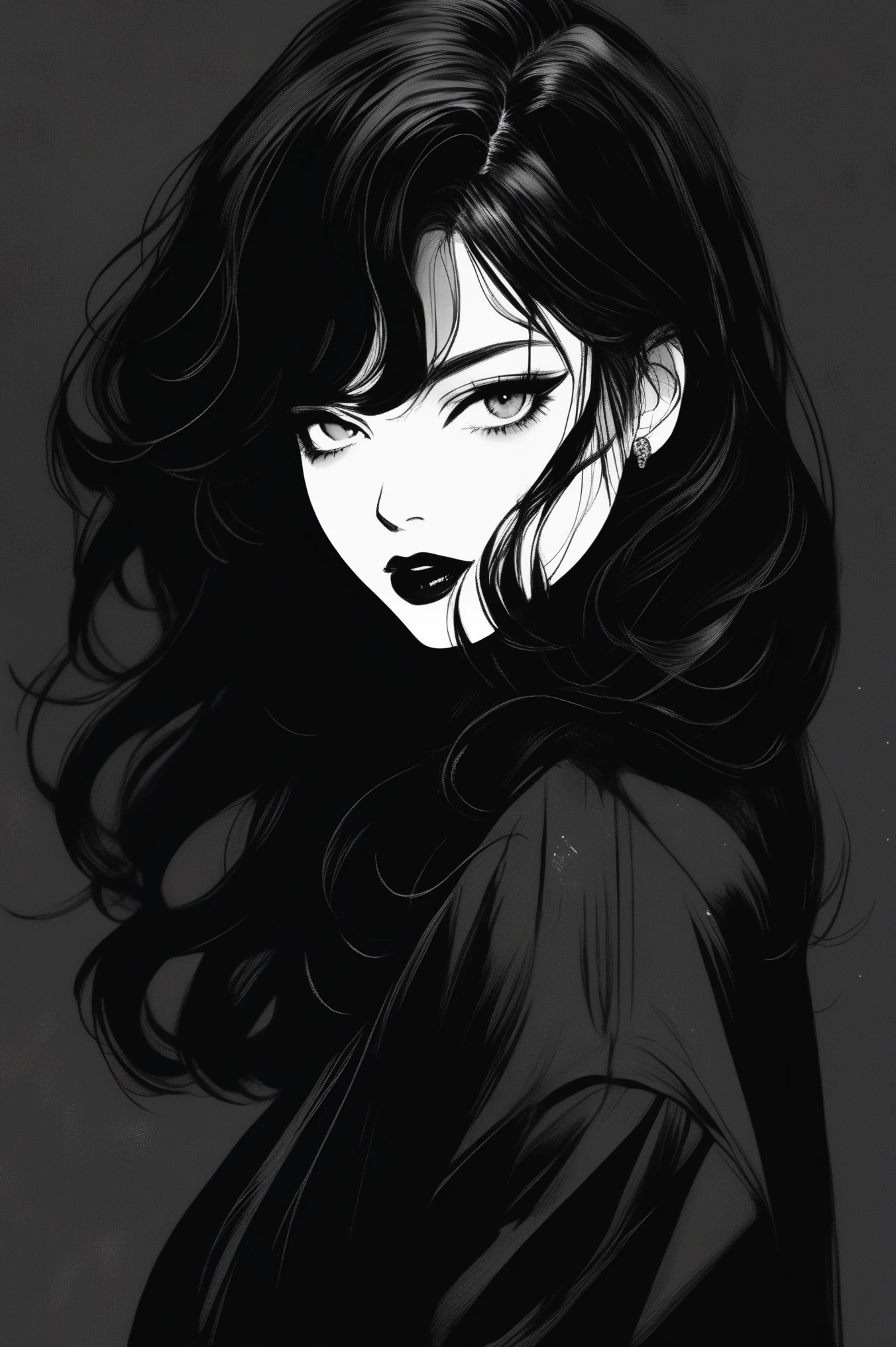 (best quality, sketch:1.2), epic realistic,illustrator,anime,1 girl, detailed lips,custom, (background dark monochrome),textured cropping, masterpiece, style retro classic, noir dark, art, (kare cascade hair (black:1.75) [neon:1.32]), (dark monochrome background),rock and roll 